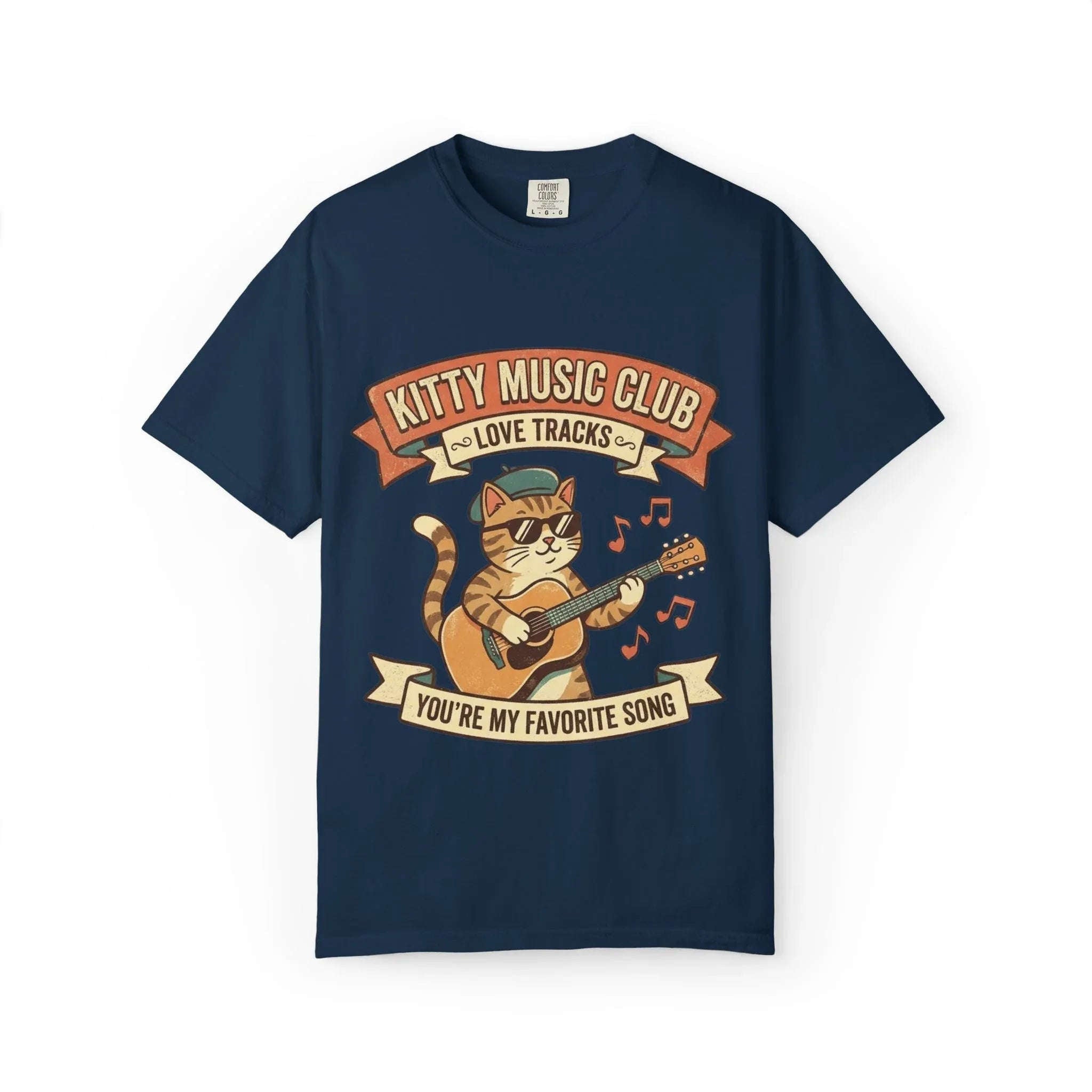 Kitty Music Club T-Shirt | Vintage Guitar Cat Youre My Favorite Song Graphic Tee True Navy