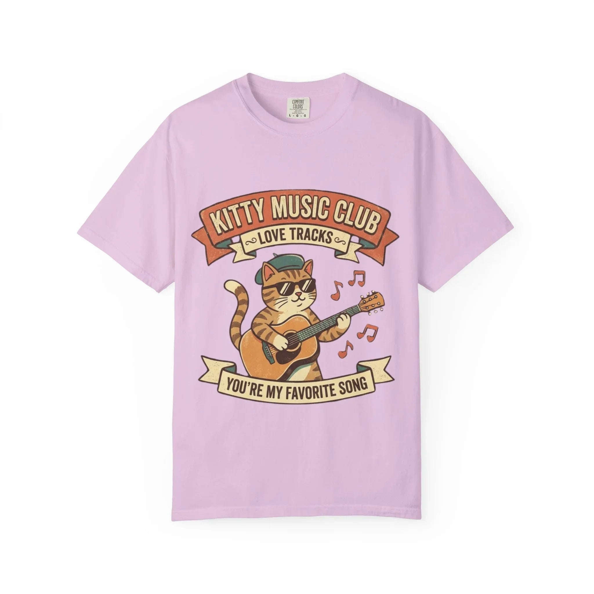 Kitty Music Club T-Shirt | Vintage Guitar Cat Youre My Favorite Song Graphic Tee Orchid