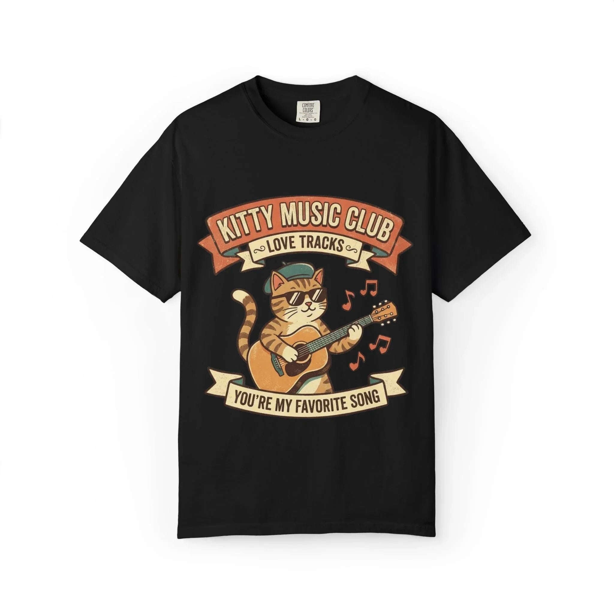 Kitty Music Club T-Shirt | Vintage Guitar Cat Youre My Favorite Song Graphic Tee Black