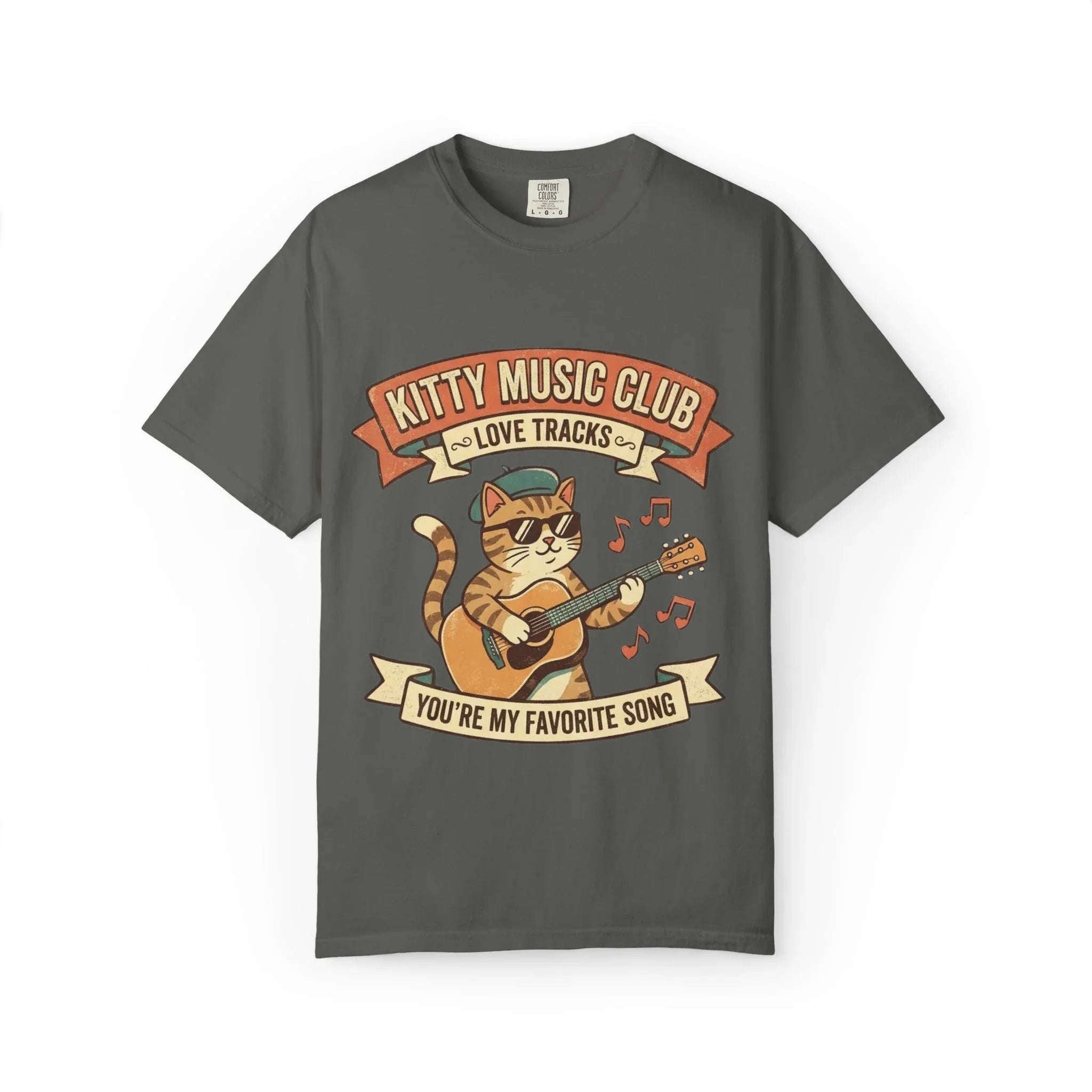 Kitty Music Club T-Shirt | Vintage Guitar Cat Youre My Favorite Song Graphic Tee Pepper