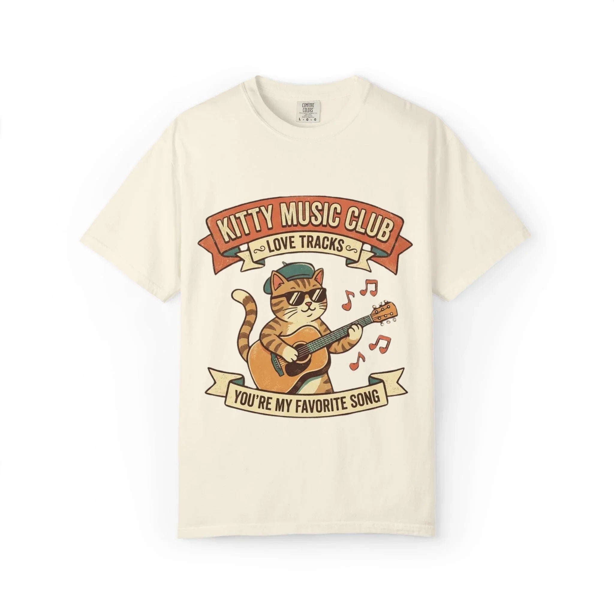 Kitty Music Club T-Shirt | Vintage Guitar Cat Youre My Favorite Song Graphic Tee Ivory