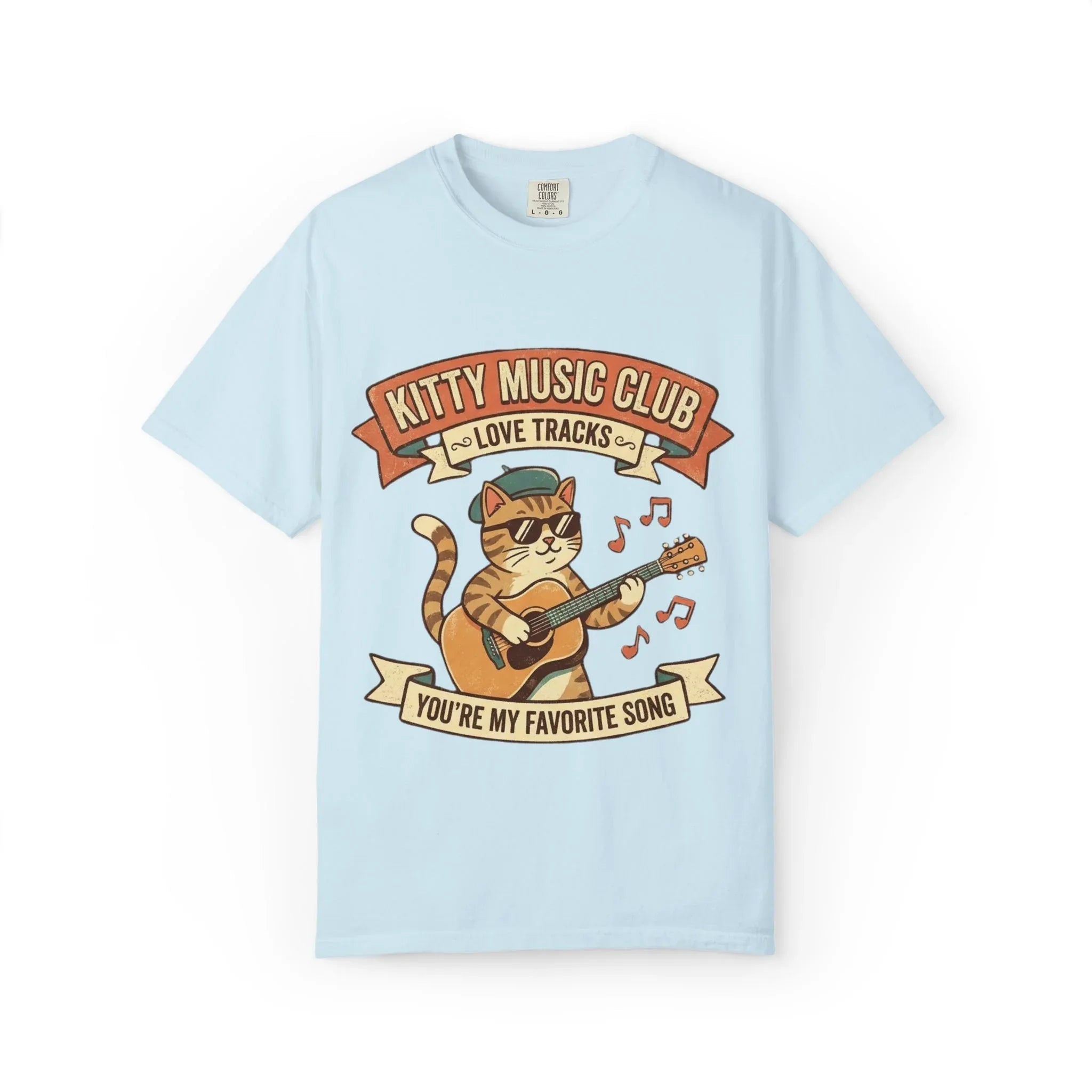 Kitty Music Club T-Shirt | Vintage Guitar Cat Youre My Favorite Song Graphic Tee Chambray