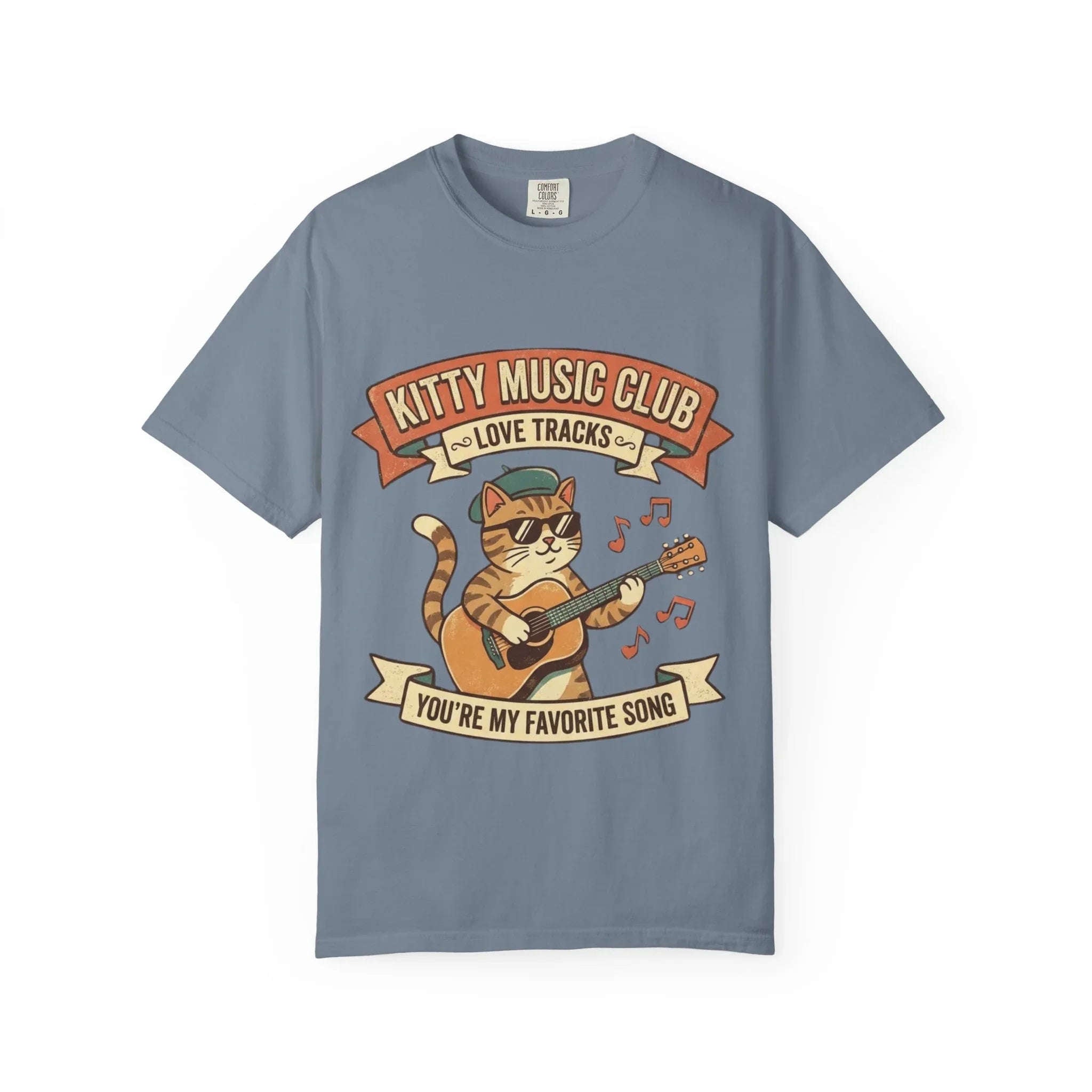 Kitty Music Club T-Shirt | Vintage Guitar Cat Youre My Favorite Song Graphic Tee Blue Jean