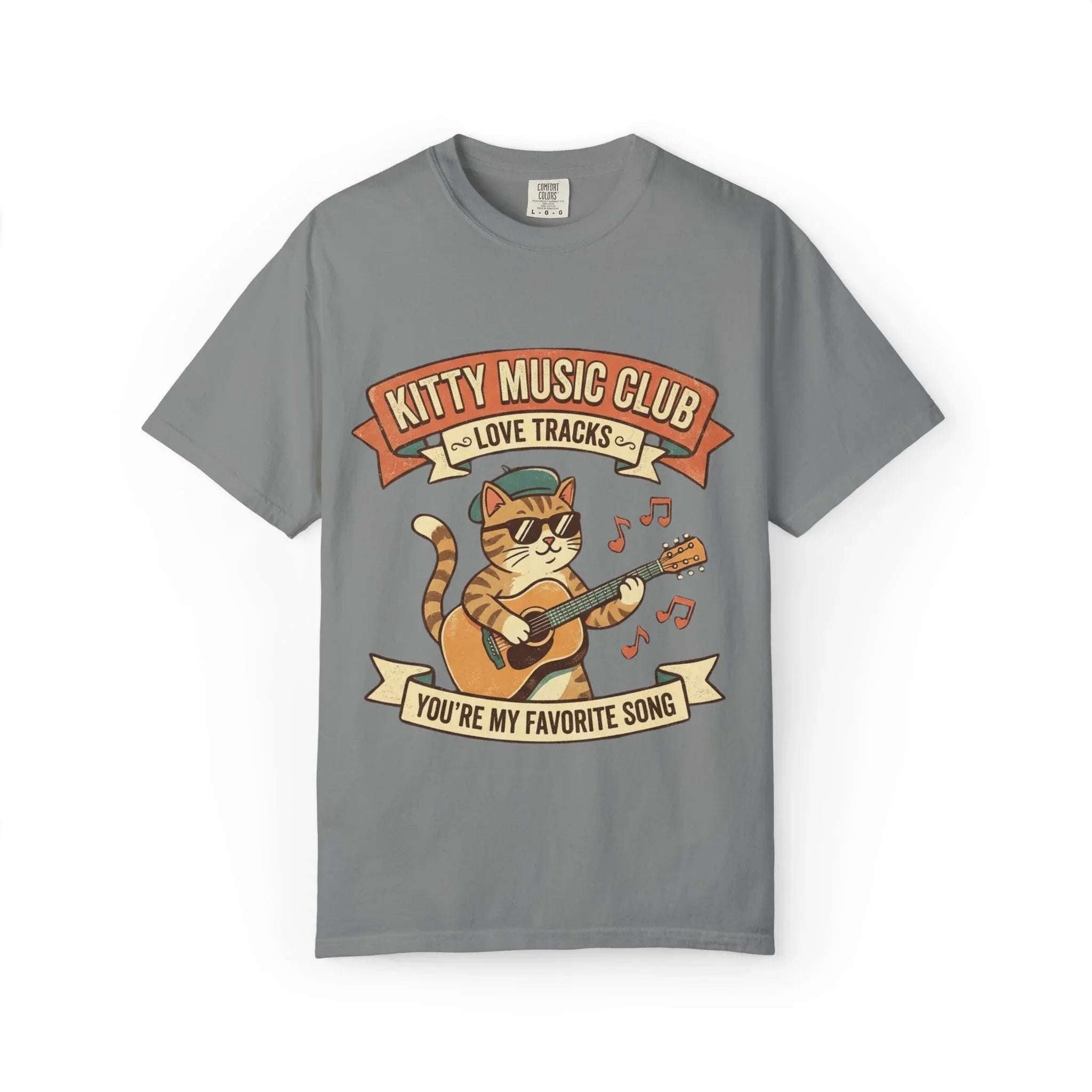 Kitty Music Club T-Shirt | Vintage Guitar Cat Youre My Favorite Song Graphic Tee Grey
