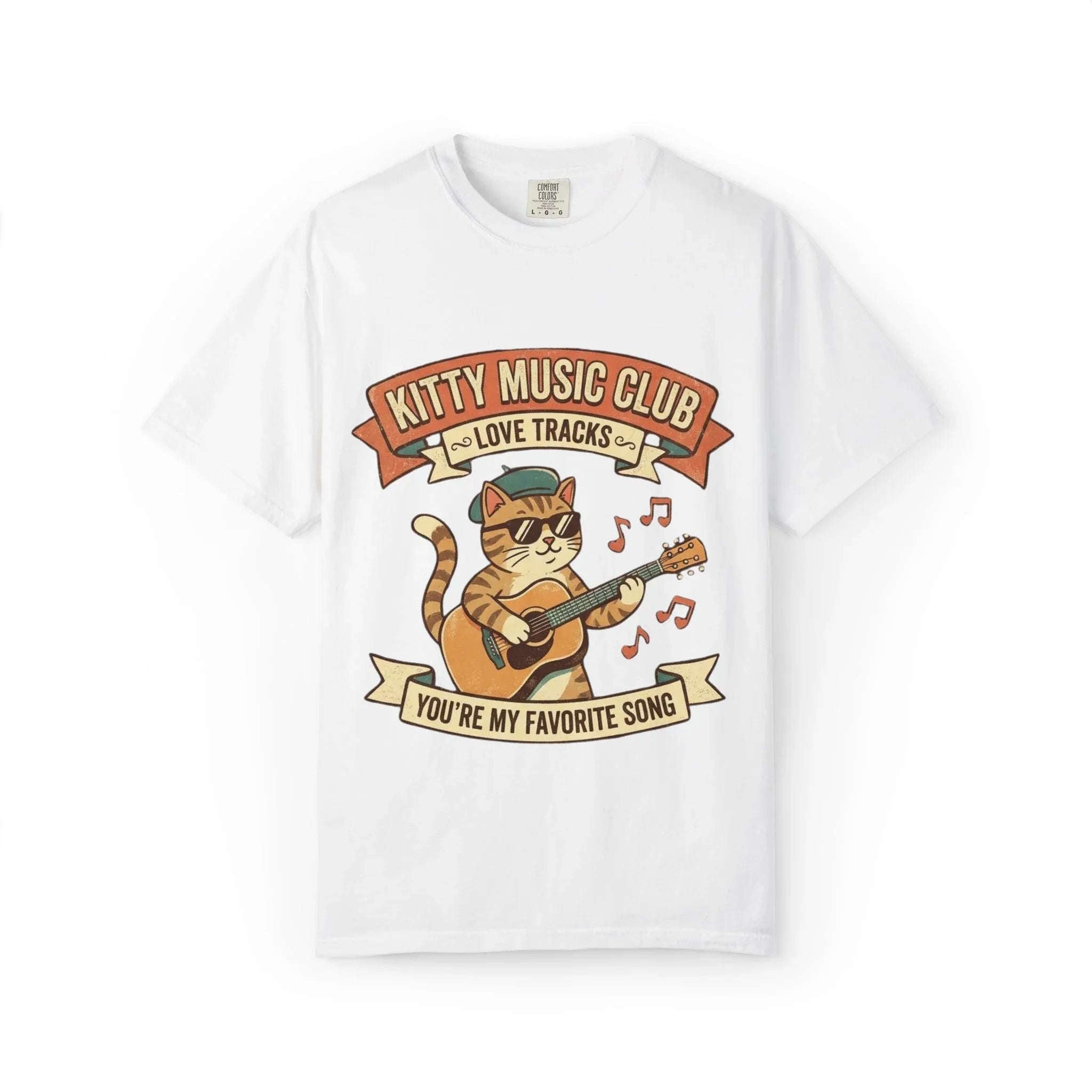 Kitty Music Club T-Shirt | Vintage Guitar Cat Youre My Favorite Song Graphic Tee White