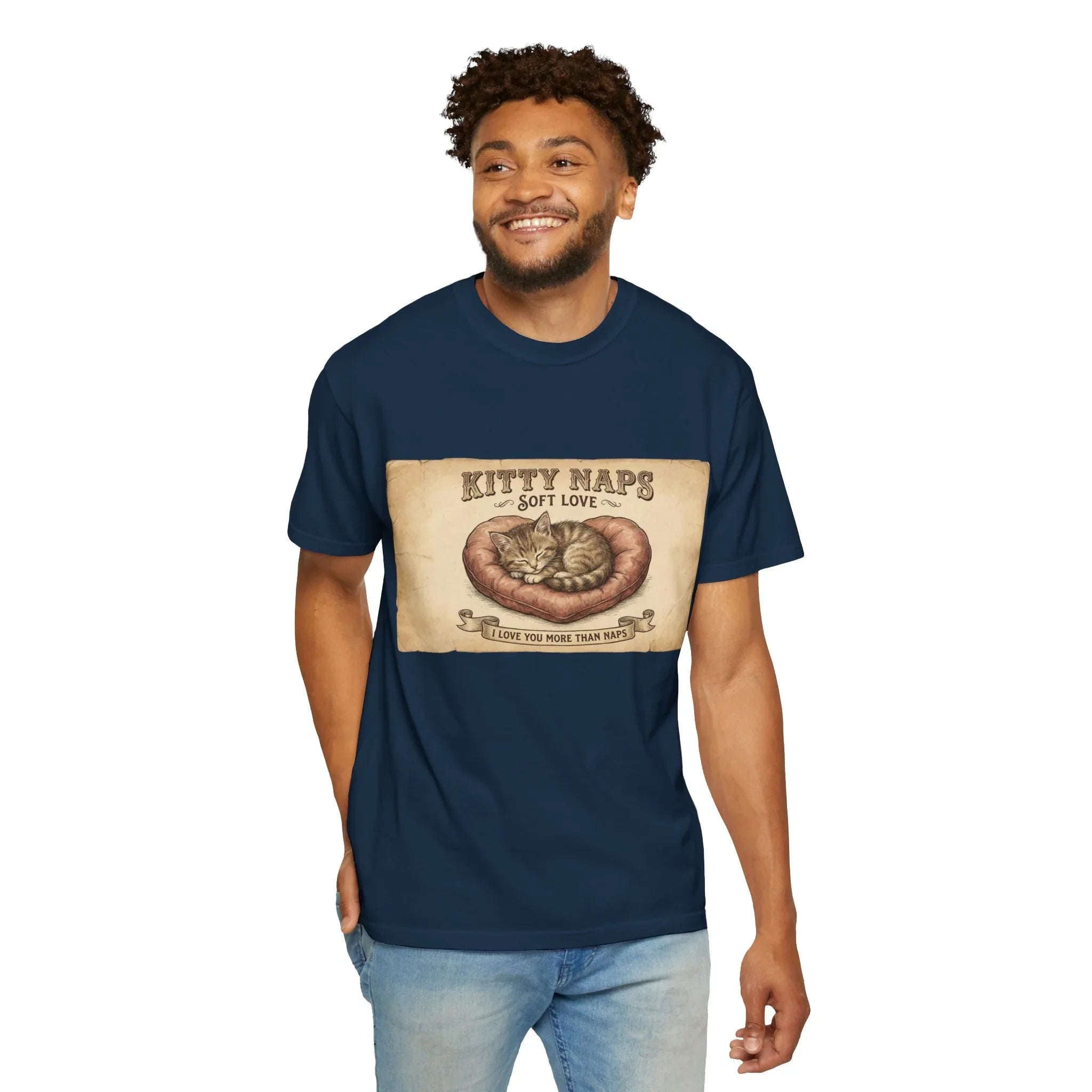 Kitty Naps Shirt, Sleeping Cats Vintage Illustration T-Shirt, Sepia Kitten Art Tee, Cozy Retro Cat Lover Gift, Cottagecore True Navy