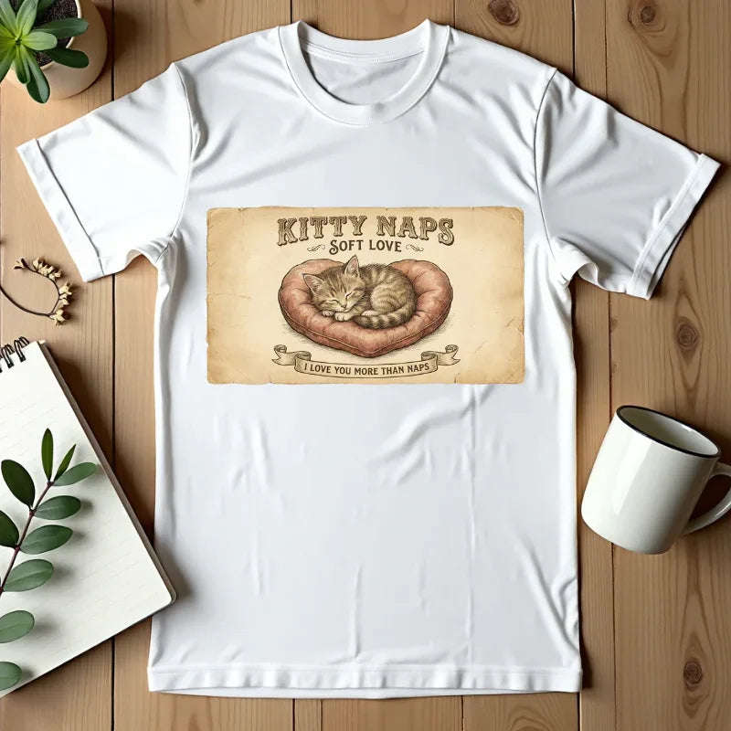 Kitty Naps Shirt, Sleeping Cats Vintage Illustration T-Shirt, Sepia Kitten Art Tee, Cozy Retro Cat Lover Gift, Cottagecore White