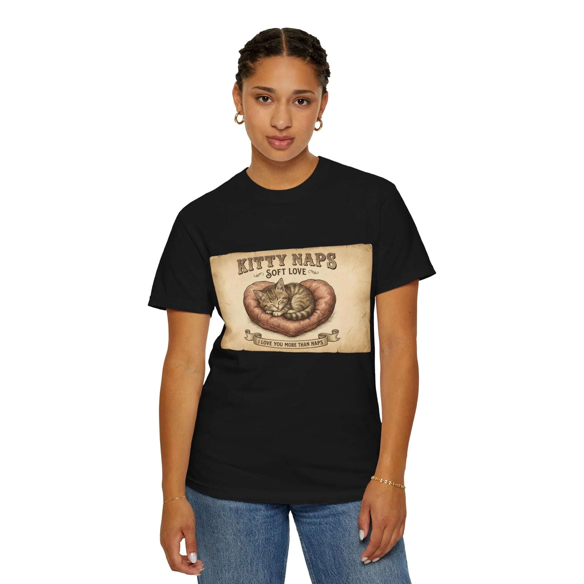Kitty Naps Shirt, Sleeping Cats Vintage Illustration T-Shirt, Sepia Kitten Art Tee, Cozy Retro Cat Lover Gift, Cottagecore Black