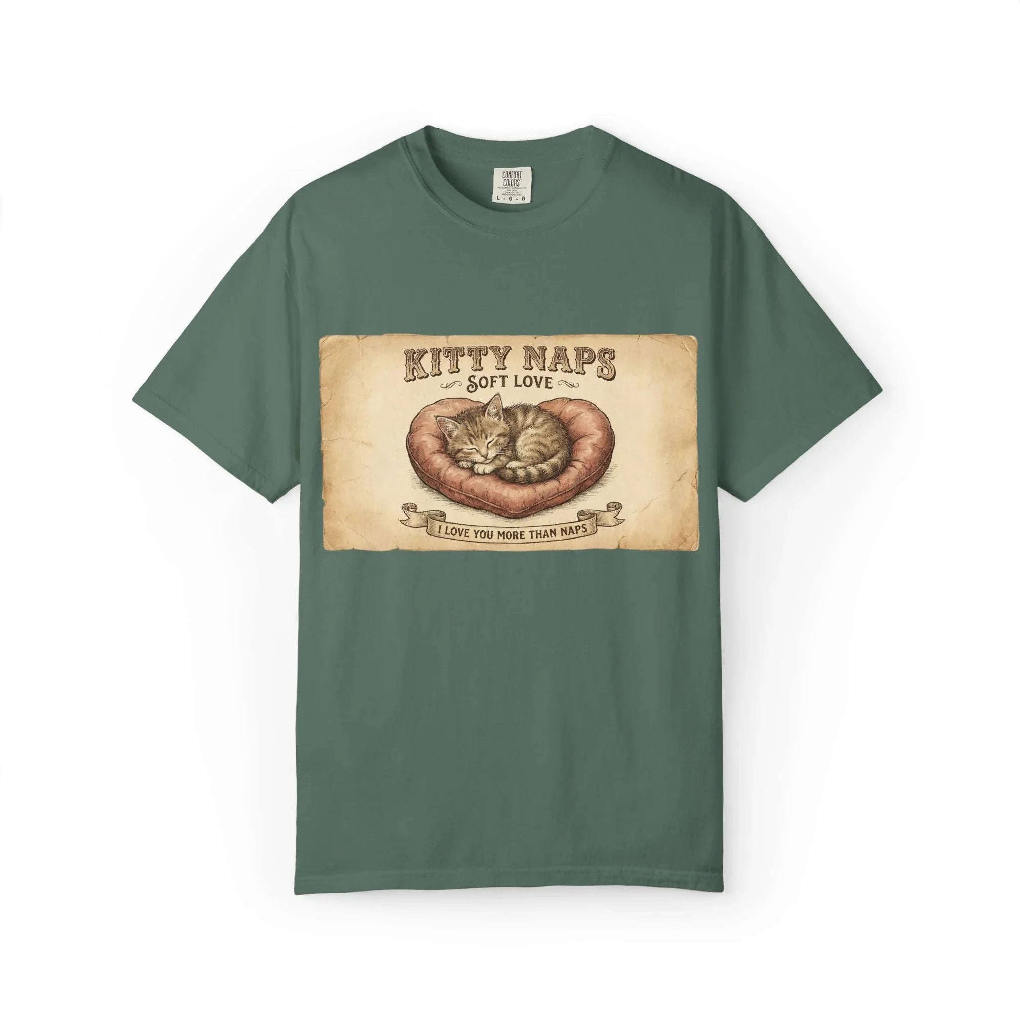 Kitty Naps Shirt, Sleeping Cats Vintage Illustration T-Shirt, Sepia Kitten Art Tee, Cozy Retro Cat Lover Gift, Cottagecore Blue Spruce