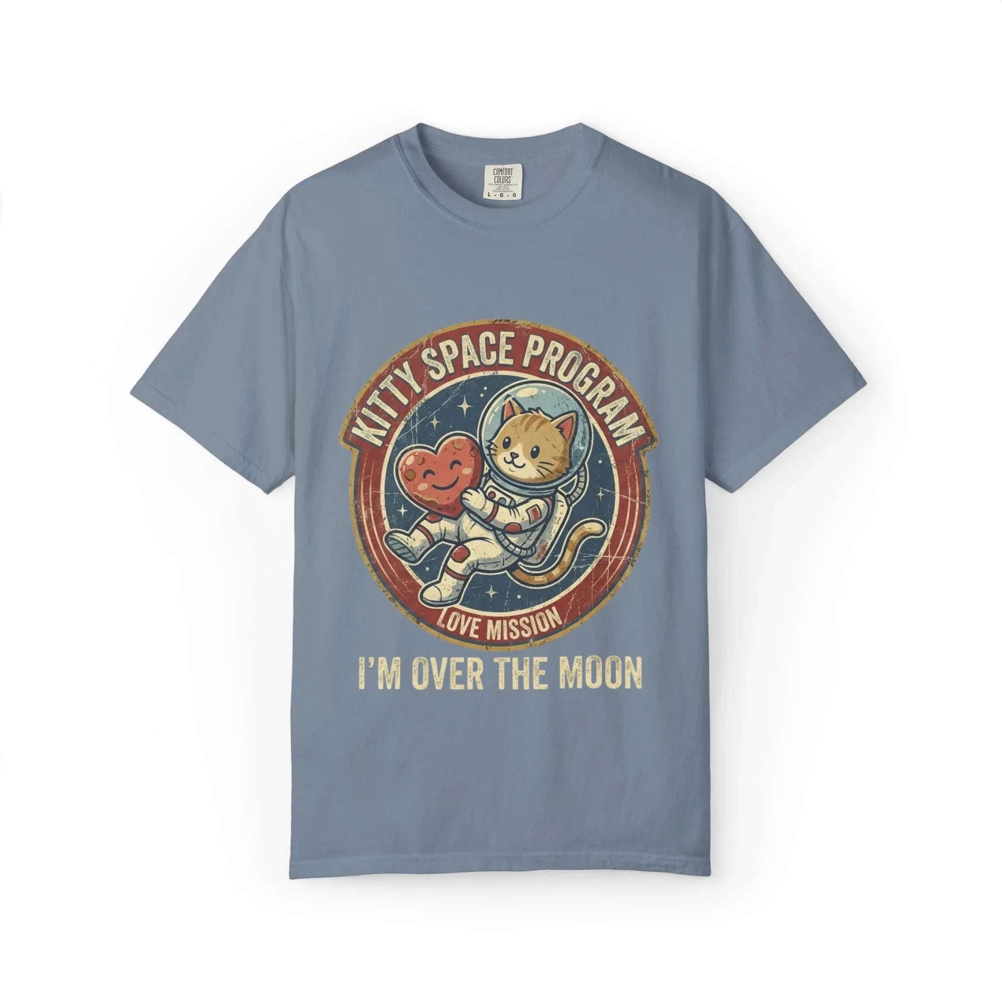 Kitty Space Program Im Over the Moon T-Shirt | Vintage Cat Astronaut Graphic Tee | Retro Space Cat Lover Gift Shirt Blue Jean