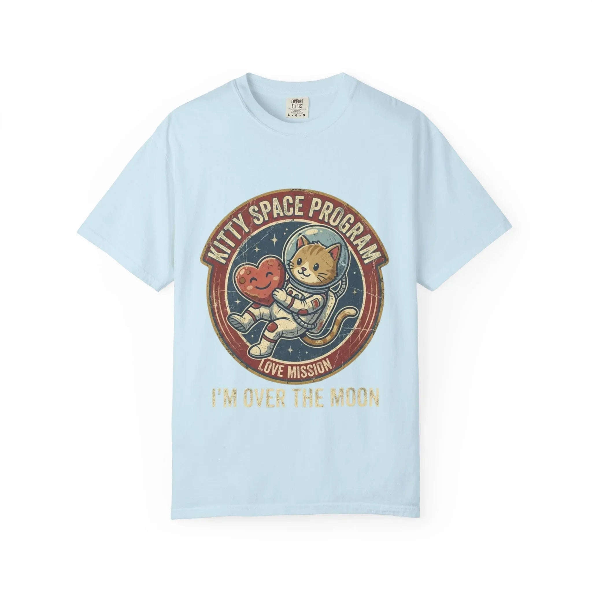 Kitty Space Program Im Over the Moon T-Shirt | Vintage Cat Astronaut Graphic Tee | Retro Space Cat Lover Gift Shirt Chambray