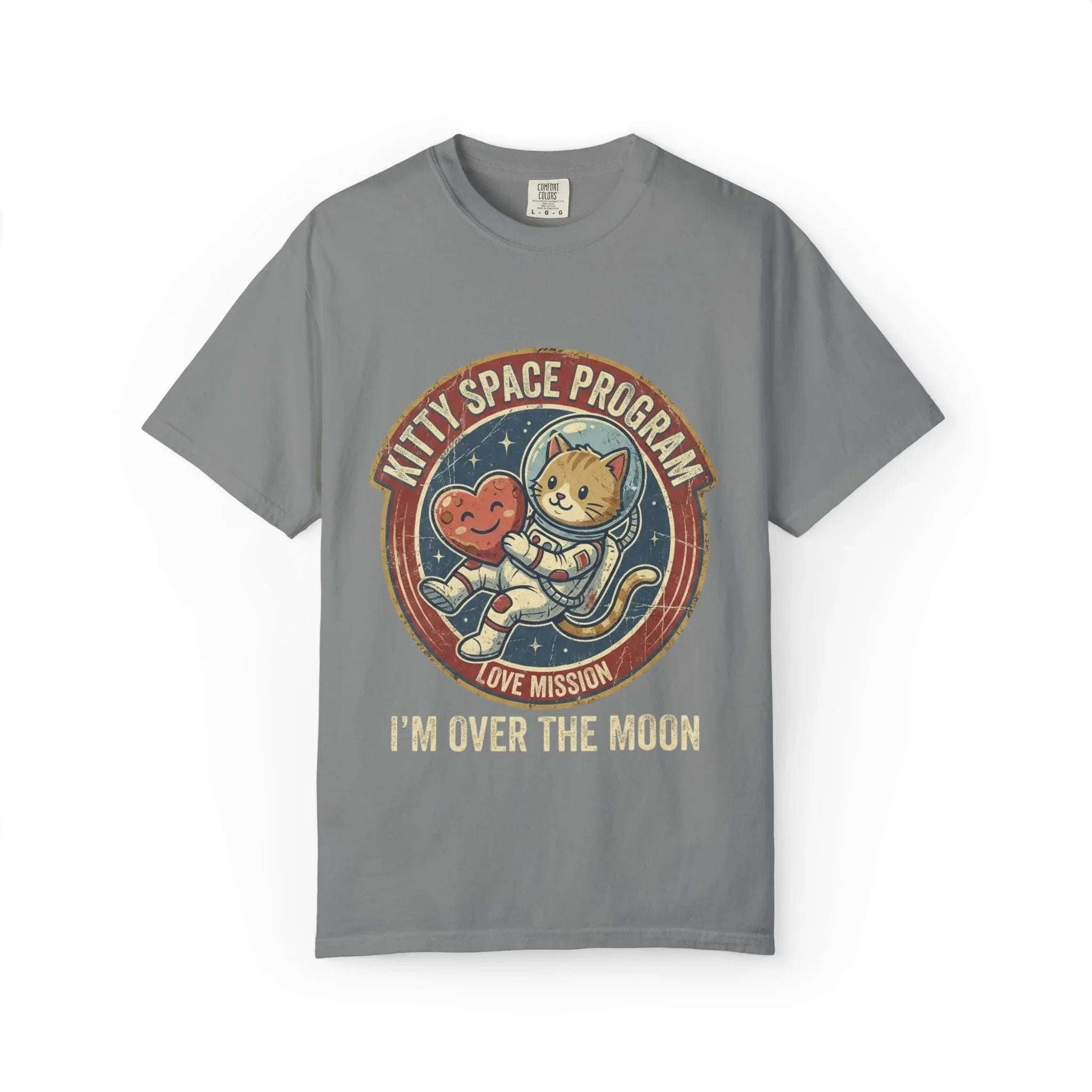 Kitty Space Program Im Over the Moon T-Shirt | Vintage Cat Astronaut Graphic Tee | Retro Space Cat Lover Gift Shirt Grey
