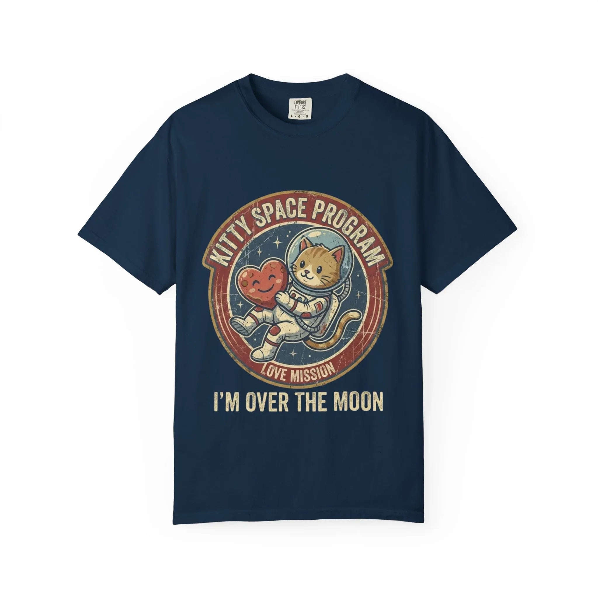 Kitty Space Program Im Over the Moon T-Shirt | Vintage Cat Astronaut Graphic Tee | Retro Space Cat Lover Gift Shirt True Navy