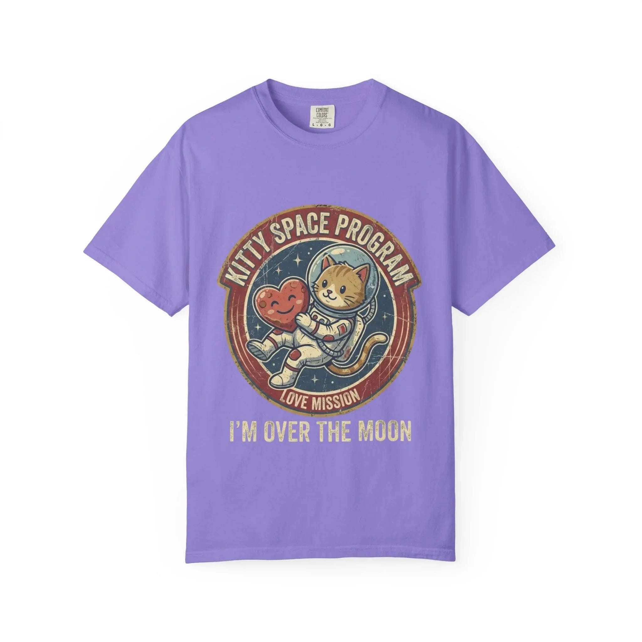Kitty Space Program Im Over the Moon T-Shirt | Vintage Cat Astronaut Graphic Tee | Retro Space Cat Lover Gift Shirt Violet