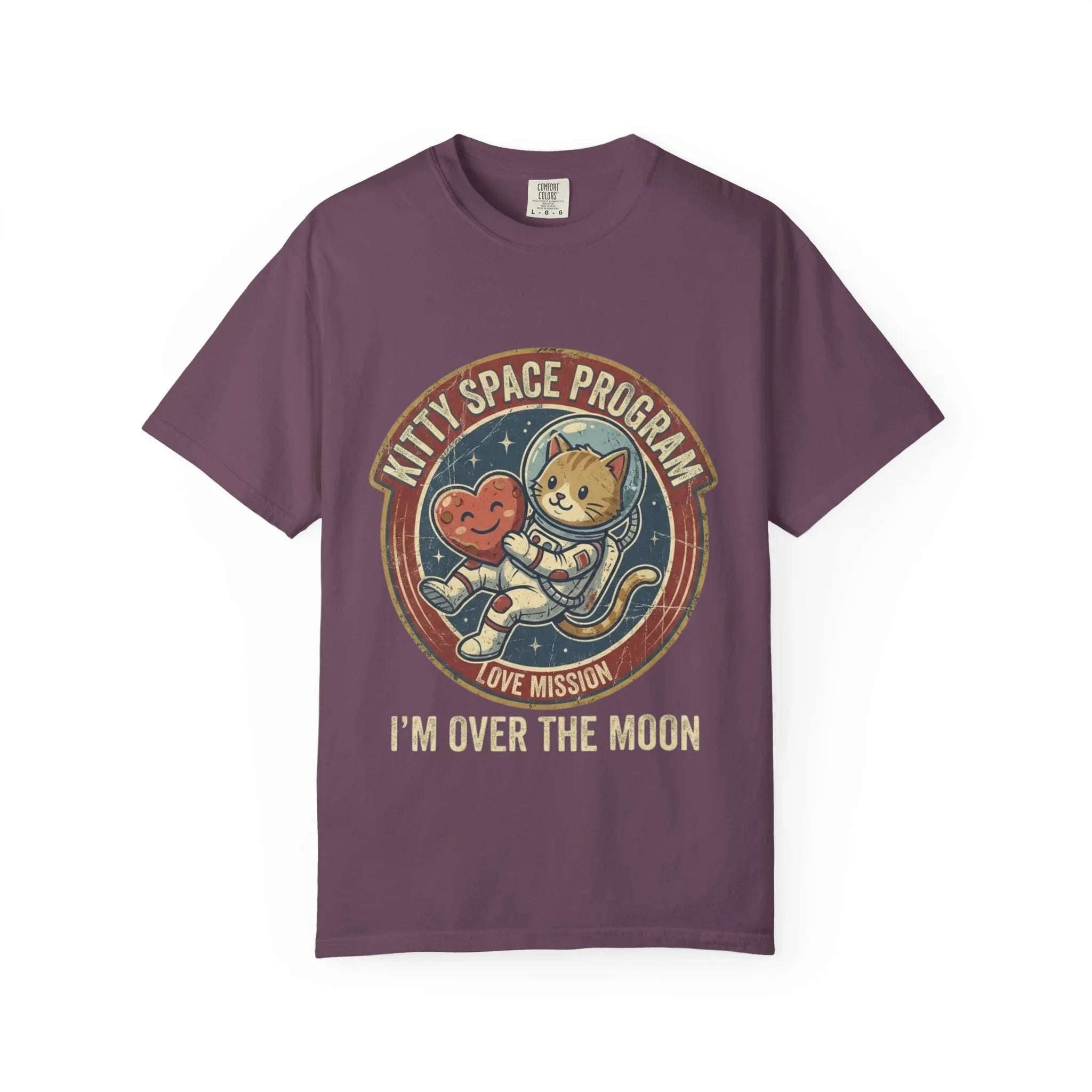 Kitty Space Program Im Over the Moon T-Shirt | Vintage Cat Astronaut Graphic Tee | Retro Space Cat Lover Gift Shirt Berry M