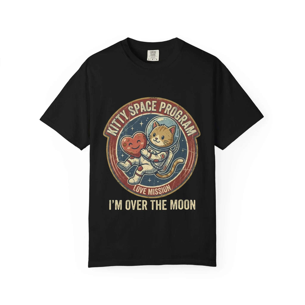 Kitty Space Program Im Over the Moon T-Shirt | Vintage Cat Astronaut Graphic Tee | Retro Space Cat Lover Gift Shirt Black