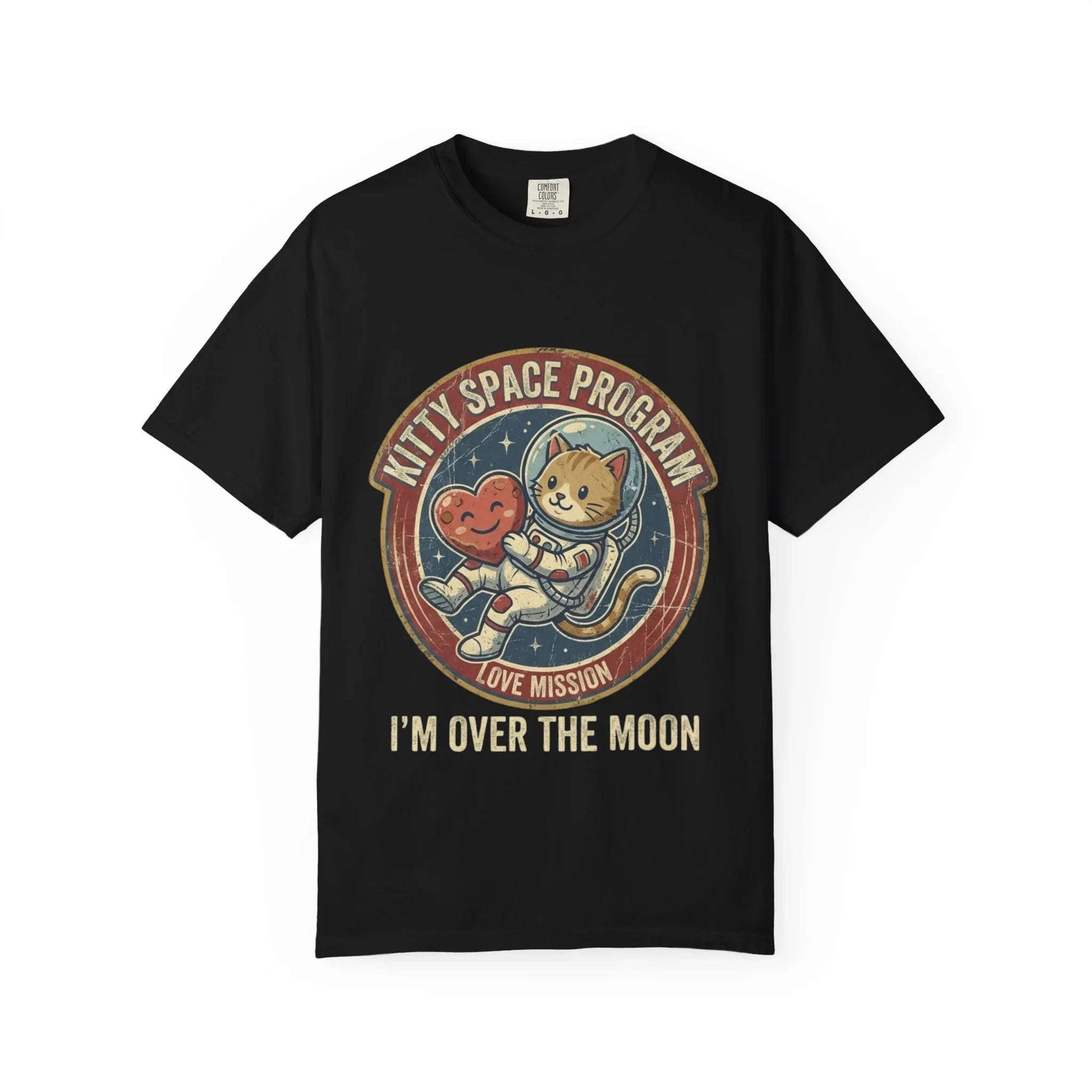 Kitty Space Program Im Over the Moon T-Shirt | Vintage Cat Astronaut Graphic Tee | Retro Space Cat Lover Gift Shirt Black
