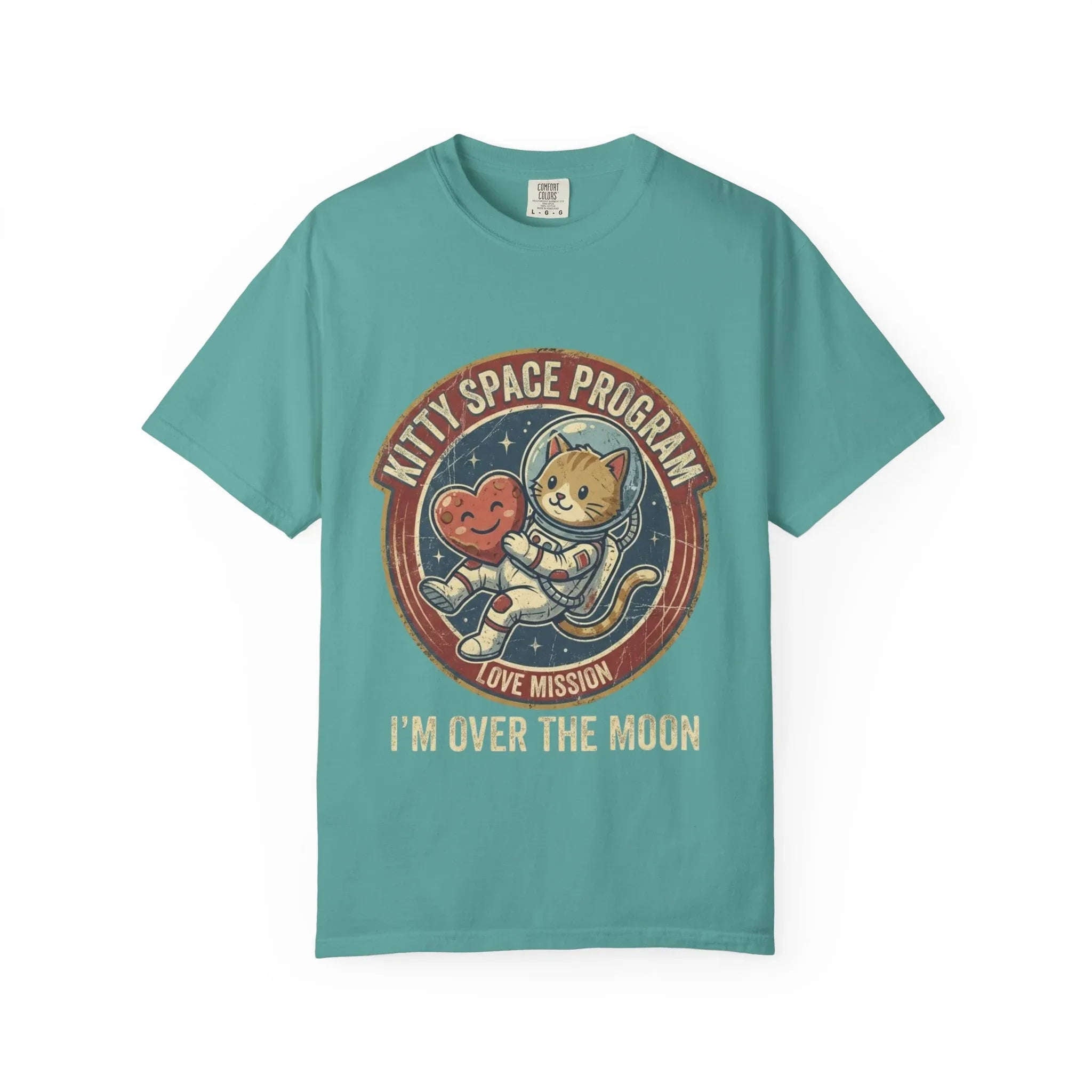 Kitty Space Program Im Over the Moon T-Shirt | Vintage Cat Astronaut Graphic Tee | Retro Space Cat Lover Gift Shirt Seafoam