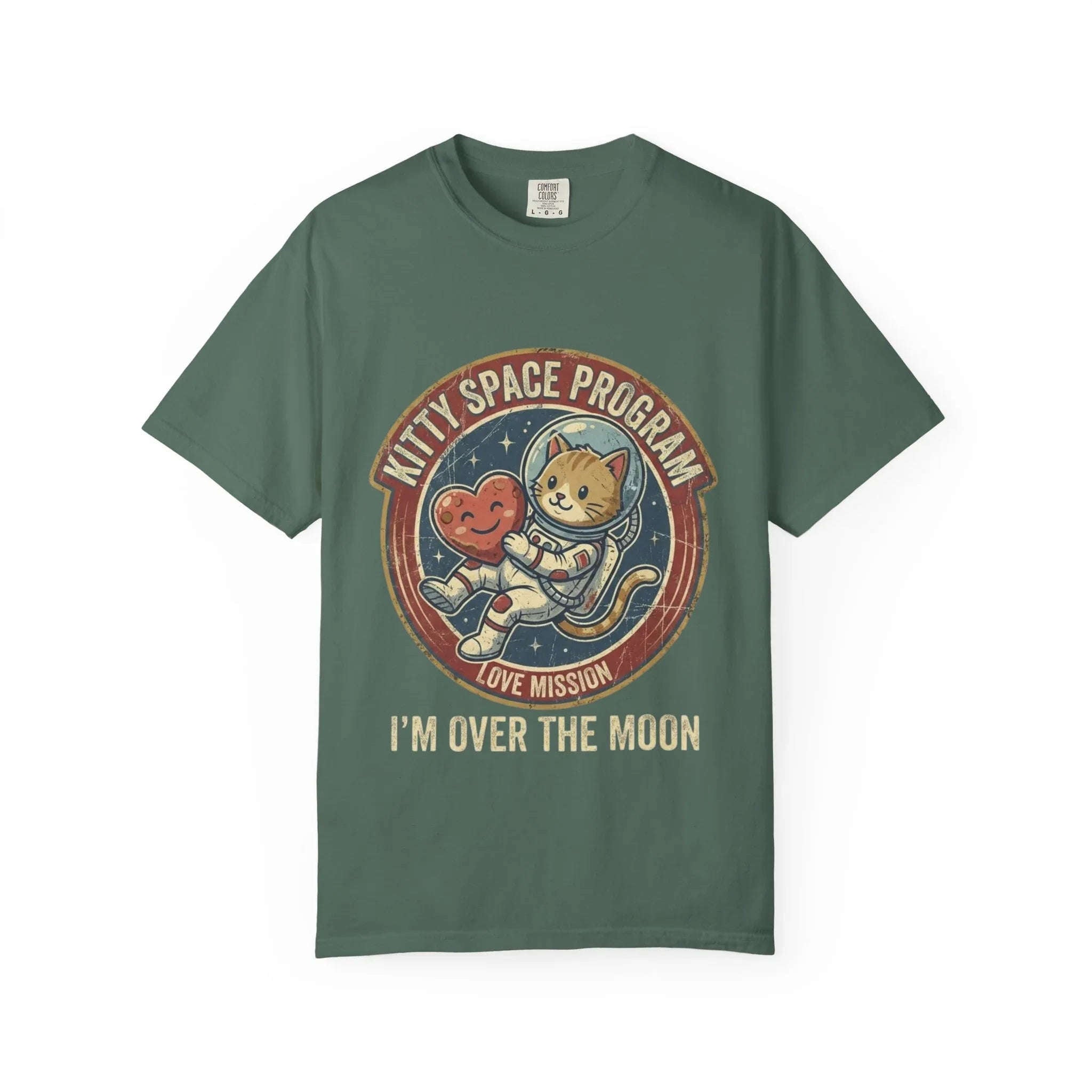 Kitty Space Program Im Over the Moon T-Shirt | Vintage Cat Astronaut Graphic Tee | Retro Space Cat Lover Gift Shirt Blue Spruce