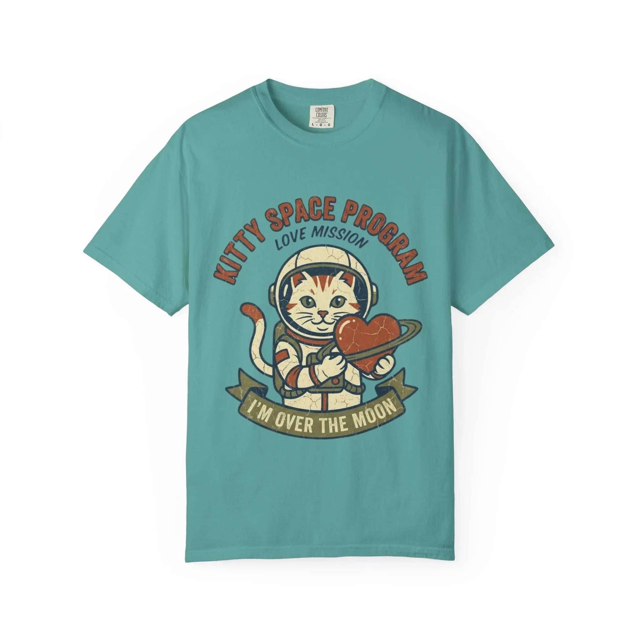 Kitty Space Program T-Shirt | Vintage Astronaut Cat Im Over the Moon Graphic Tee | Retro Space Cat Lover Gift Shirt Seafoam