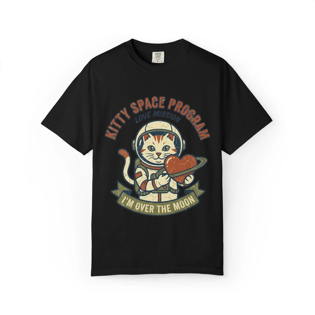 Kitty Space Program T-Shirt | Vintage Astronaut Cat Im Over the Moon Graphic Tee | Retro Space Cat Lover Gift Shirt Black