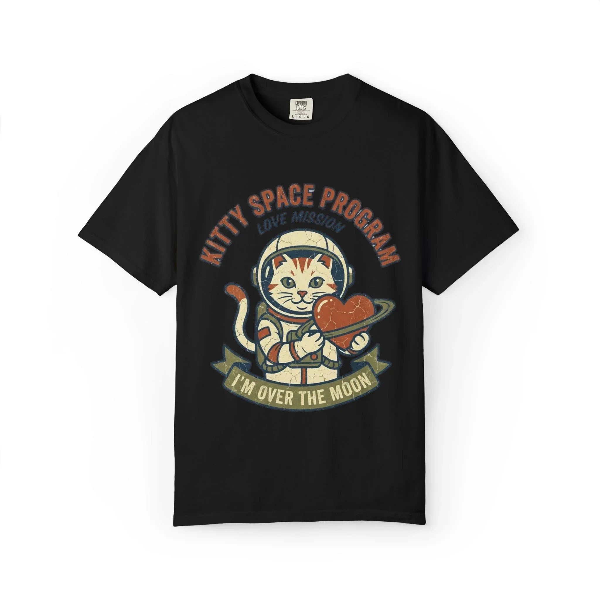 Kitty Space Program T-Shirt | Vintage Astronaut Cat Im Over the Moon Graphic Tee | Retro Space Cat Lover Gift Shirt Black