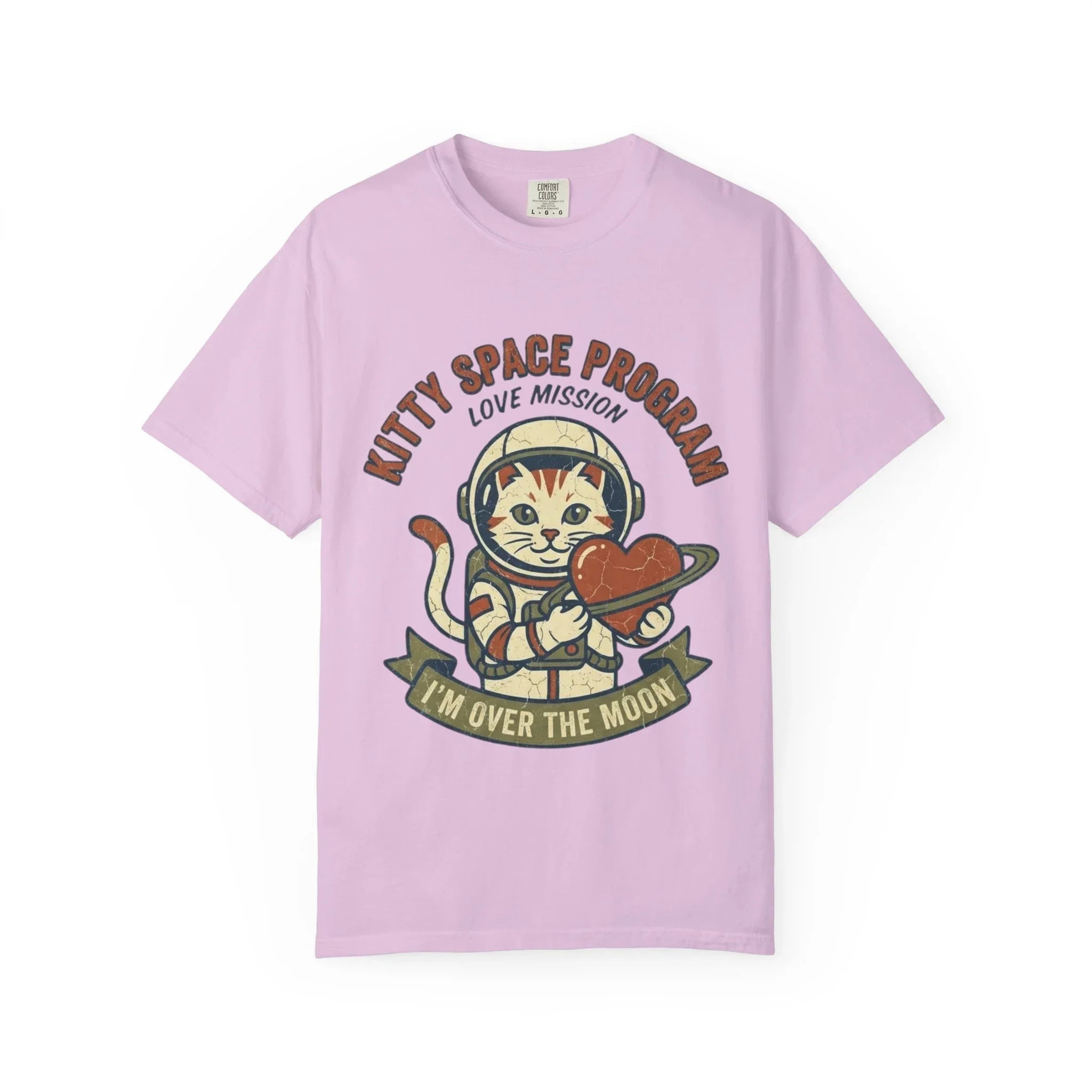 Kitty Space Program T-Shirt | Vintage Astronaut Cat Im Over the Moon Graphic Tee | Retro Space Cat Lover Gift Shirt Orchid