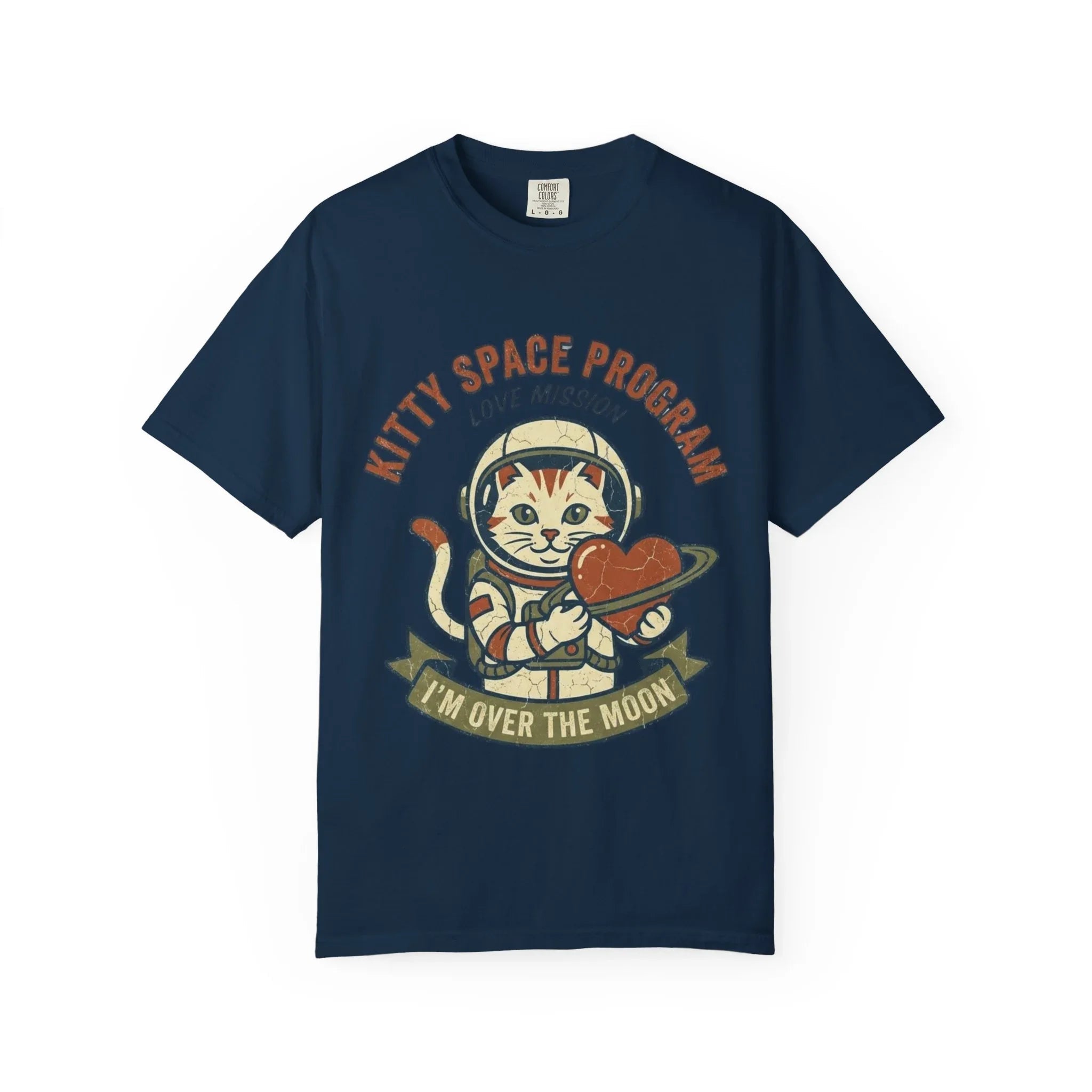 Kitty Space Program T-Shirt | Vintage Astronaut Cat Im Over the Moon Graphic Tee | Retro Space Cat Lover Gift Shirt True Navy