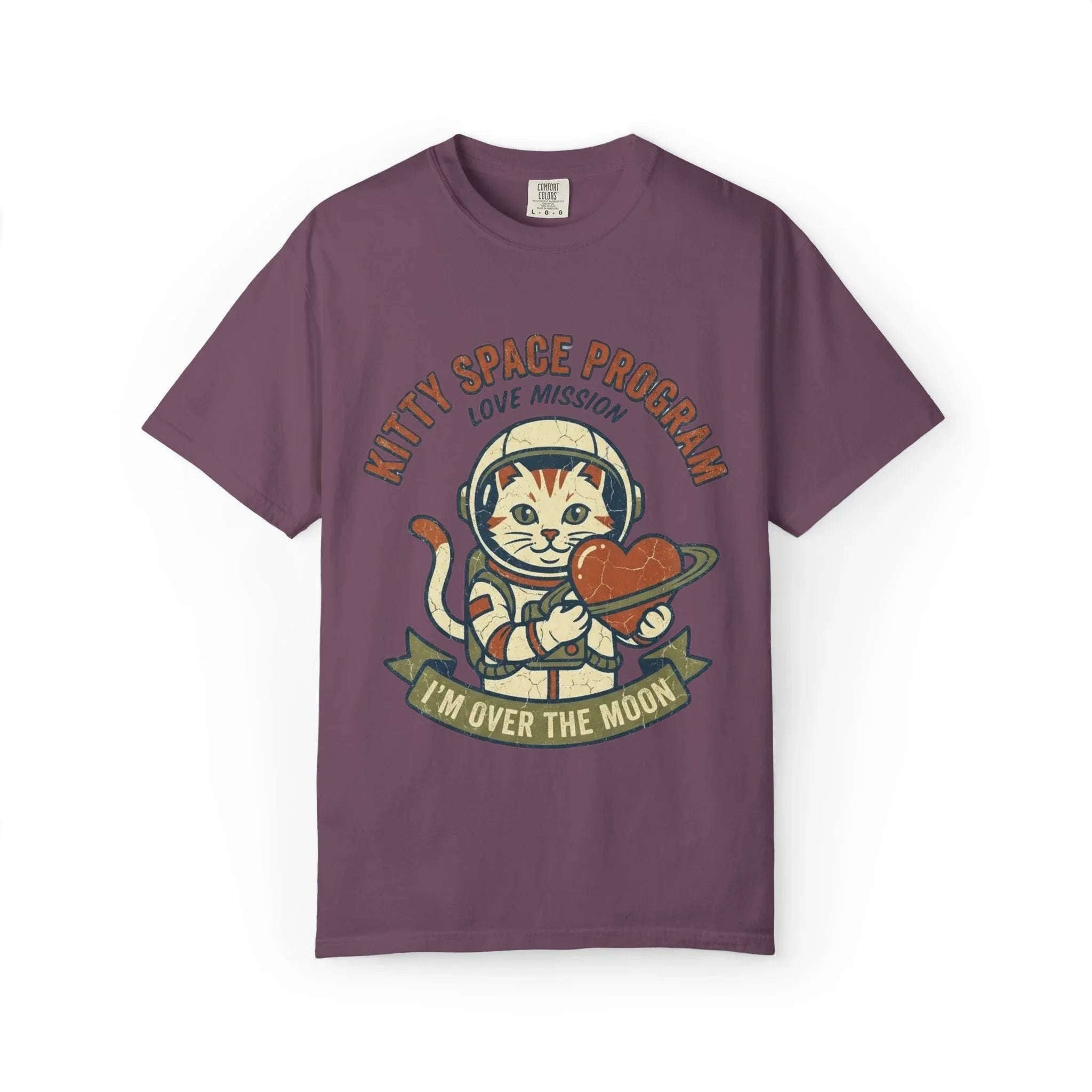 Kitty Space Program T-Shirt | Vintage Astronaut Cat Im Over the Moon Graphic Tee | Retro Space Cat Lover Gift Shirt Berry M