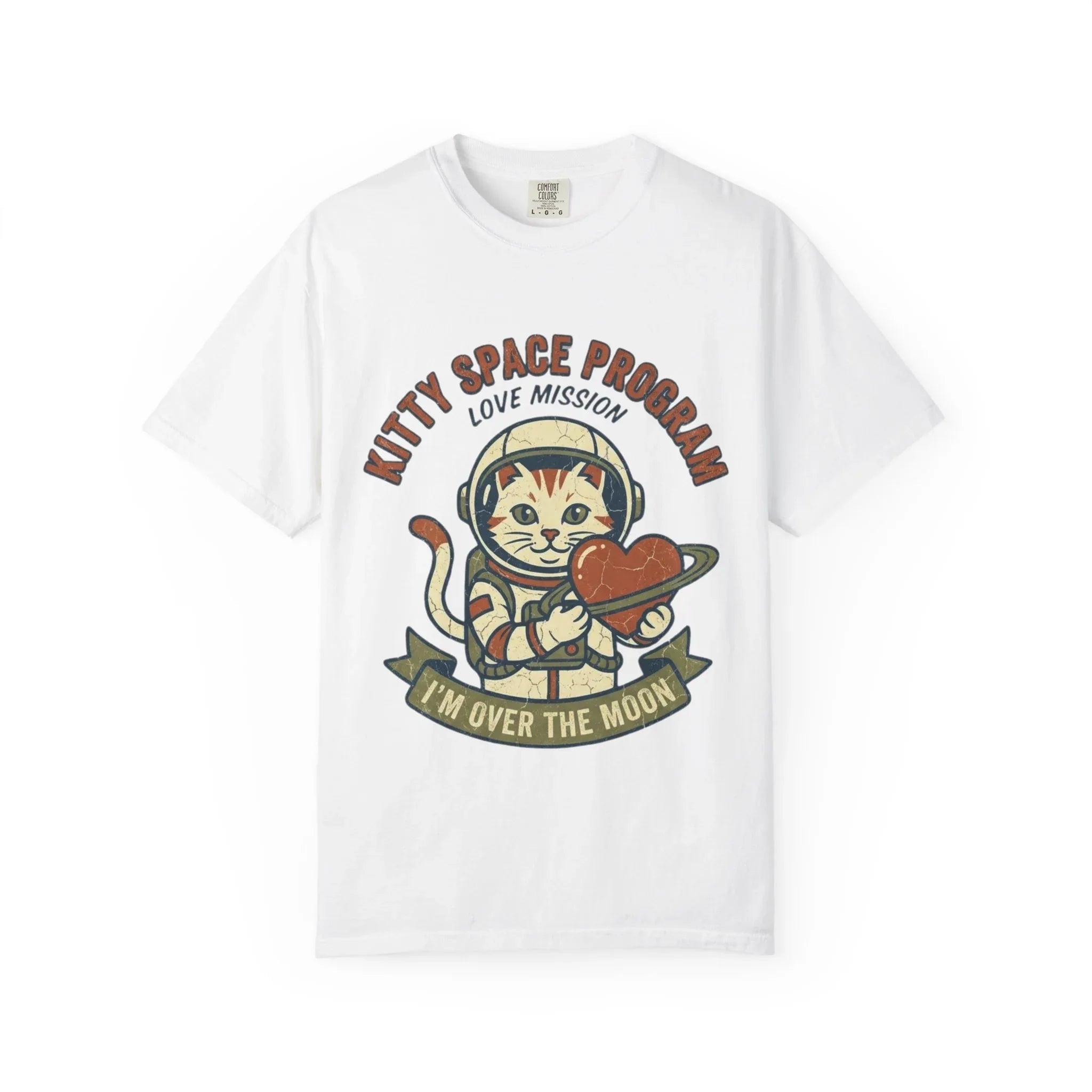 Kitty Space Program T-Shirt | Vintage Astronaut Cat Im Over the Moon Graphic Tee | Retro Space Cat Lover Gift Shirt White