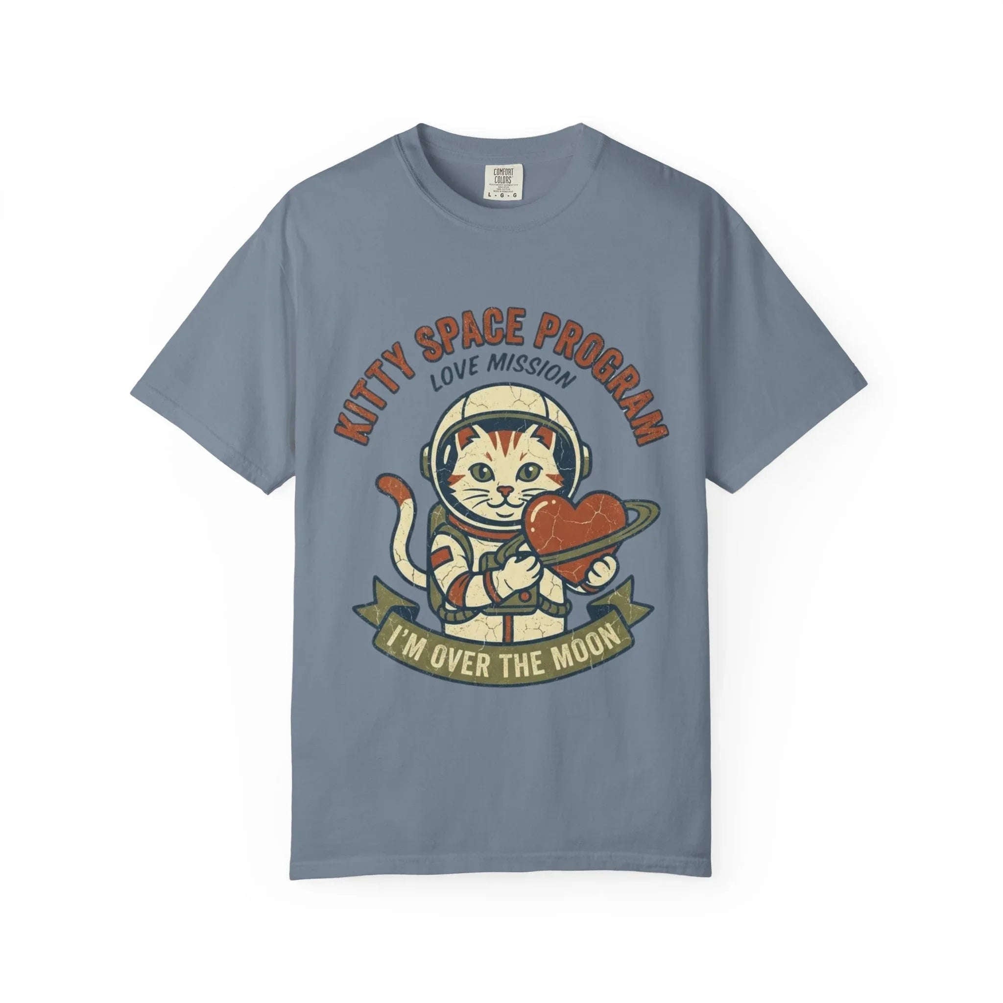 Kitty Space Program T-Shirt | Vintage Astronaut Cat Im Over the Moon Graphic Tee | Retro Space Cat Lover Gift Shirt Blue Jean