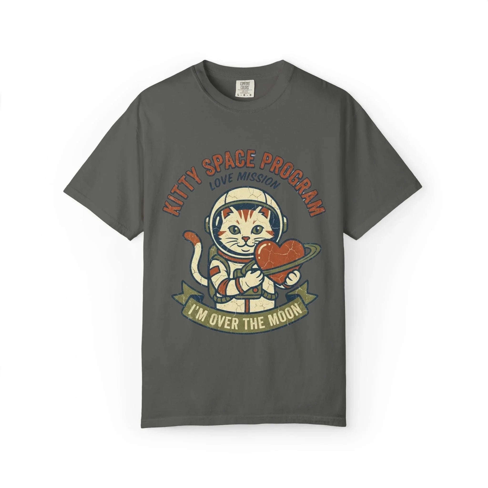 Kitty Space Program T-Shirt | Vintage Astronaut Cat Im Over the Moon Graphic Tee | Retro Space Cat Lover Gift Shirt Pepper