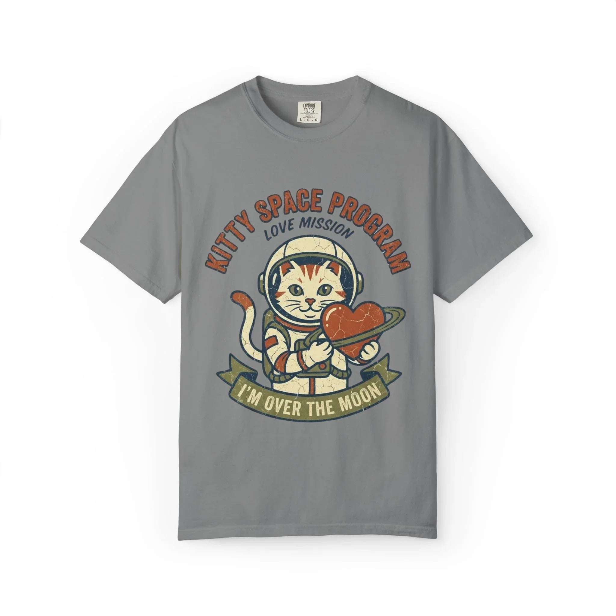Kitty Space Program T-Shirt | Vintage Astronaut Cat Im Over the Moon Graphic Tee | Retro Space Cat Lover Gift Shirt Grey