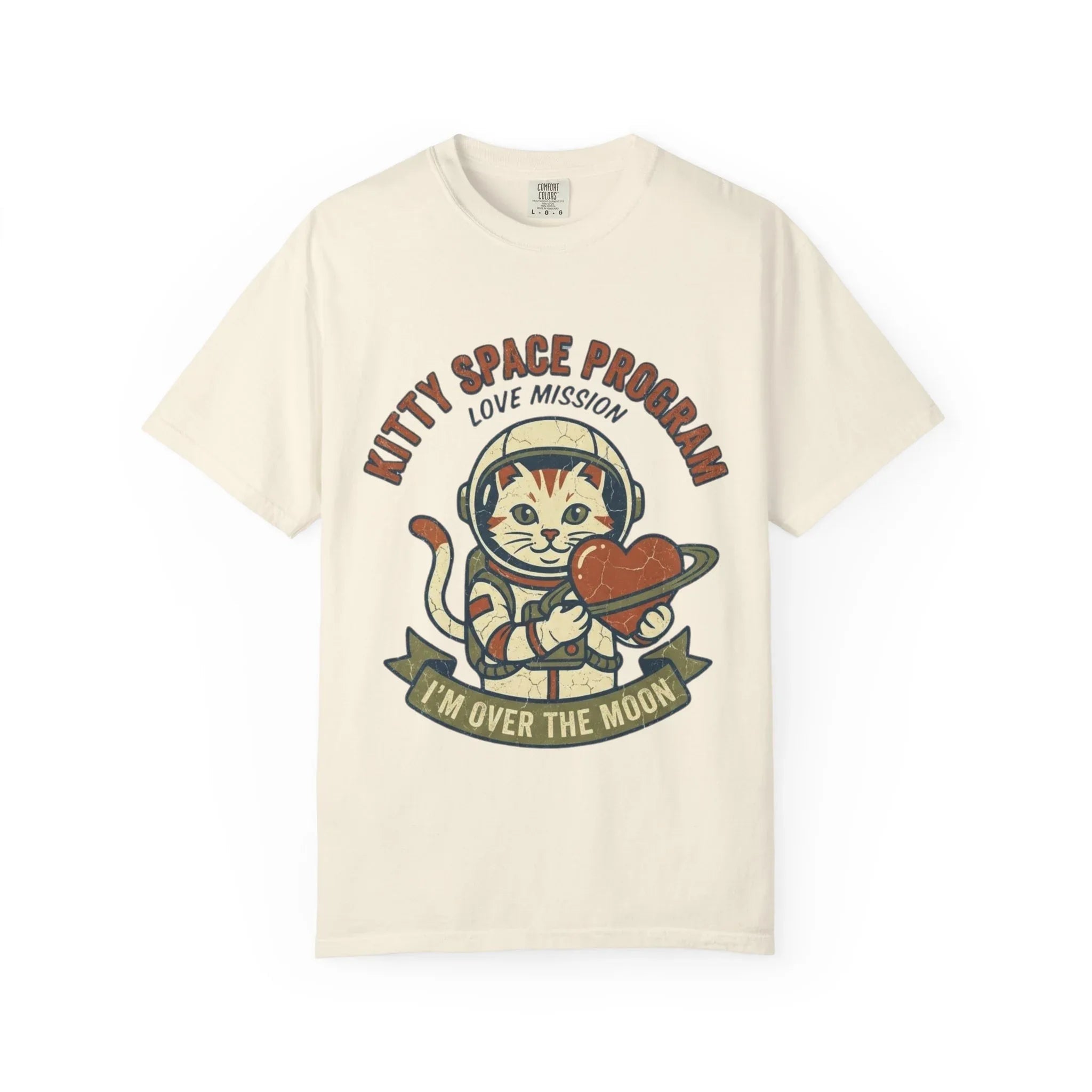 Kitty Space Program T-Shirt | Vintage Astronaut Cat Im Over the Moon Graphic Tee | Retro Space Cat Lover Gift Shirt Ivory