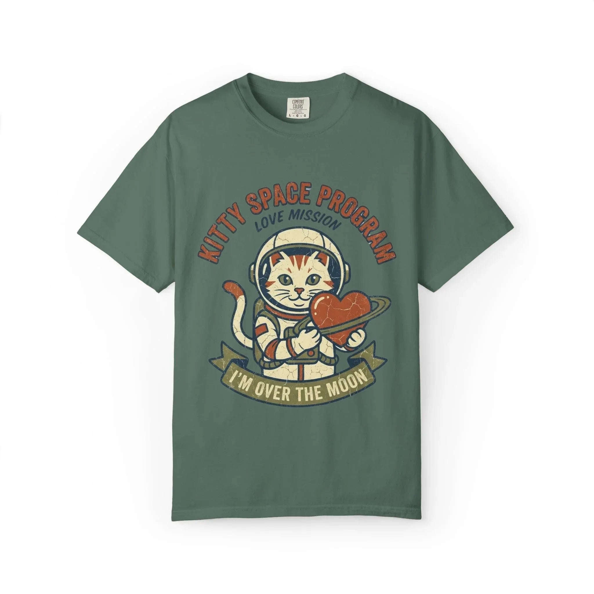 Kitty Space Program T-Shirt | Vintage Astronaut Cat Im Over the Moon Graphic Tee | Retro Space Cat Lover Gift Shirt Blue Spruce