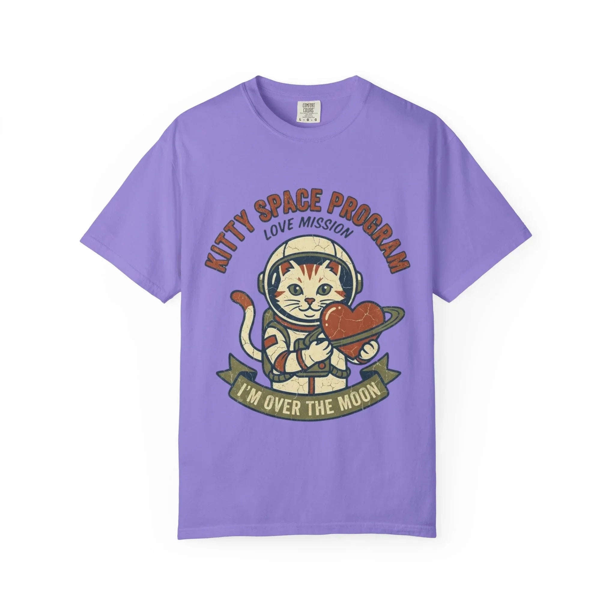 Kitty Space Program T-Shirt | Vintage Astronaut Cat Im Over the Moon Graphic Tee | Retro Space Cat Lover Gift Shirt Violet