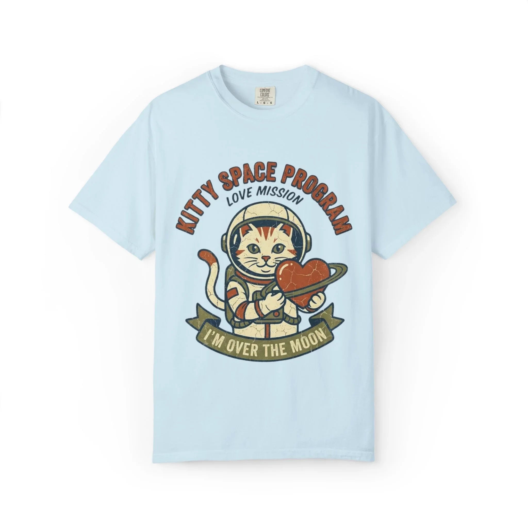 Kitty Space Program T-Shirt | Vintage Astronaut Cat Im Over the Moon Graphic Tee | Retro Space Cat Lover Gift Shirt Chambray