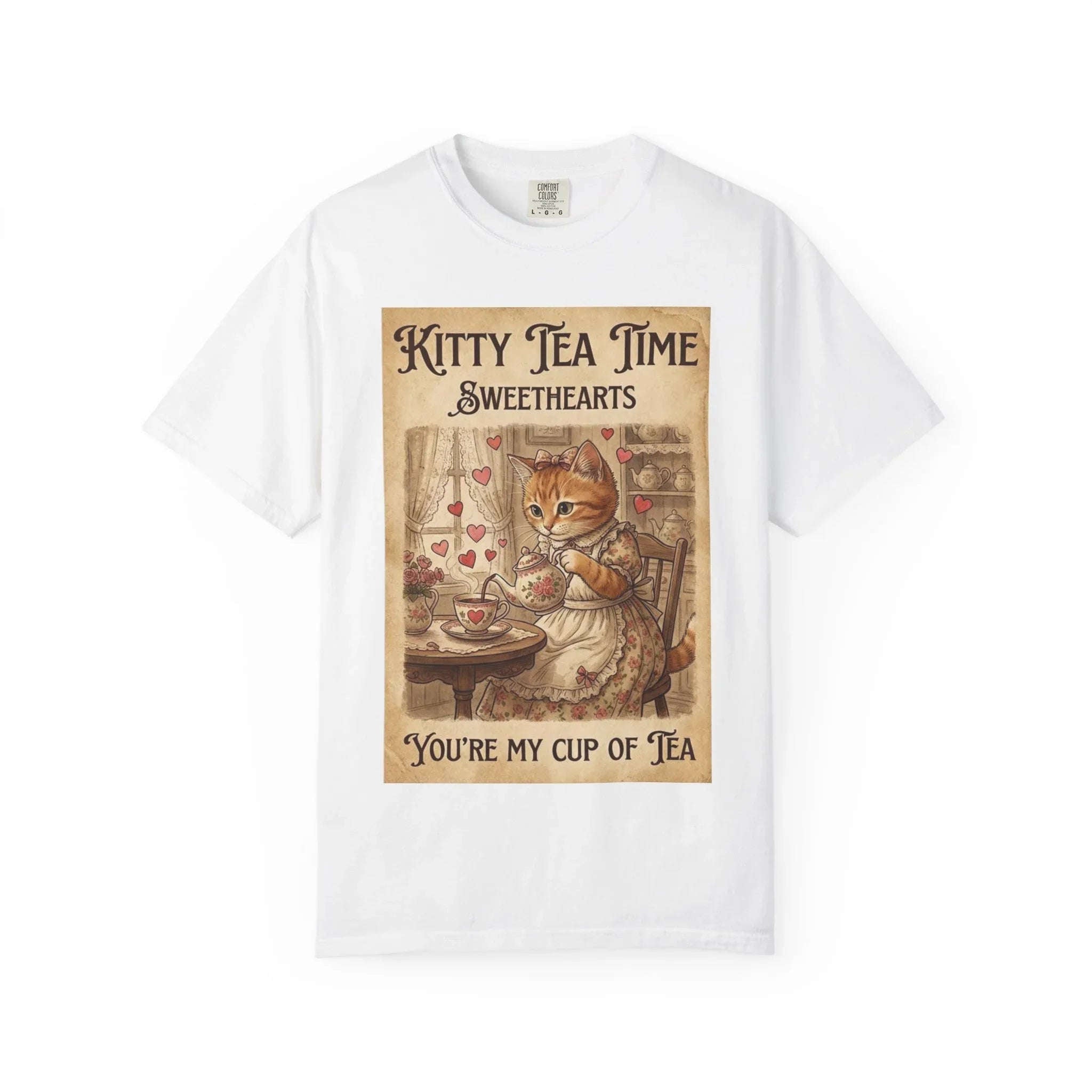 Kitty Tea Time T-Shirt | Vintage Cat Youre My Cup of Tea Graphic Tee | Retro Cozy Cat Lover Gift Shirt White