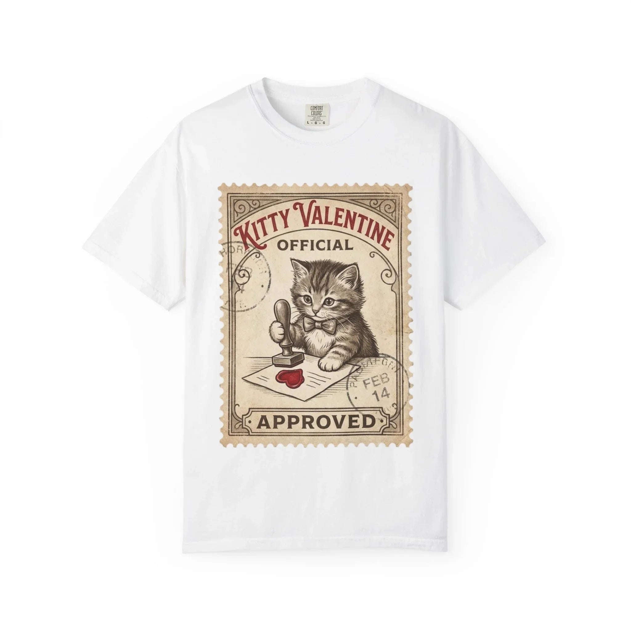 Kitty Valentine Official Approved T-Shirt | Vintage Kitten Stamp Graphic Tee | Retro Valentine Cat Lover Gift Shirt White