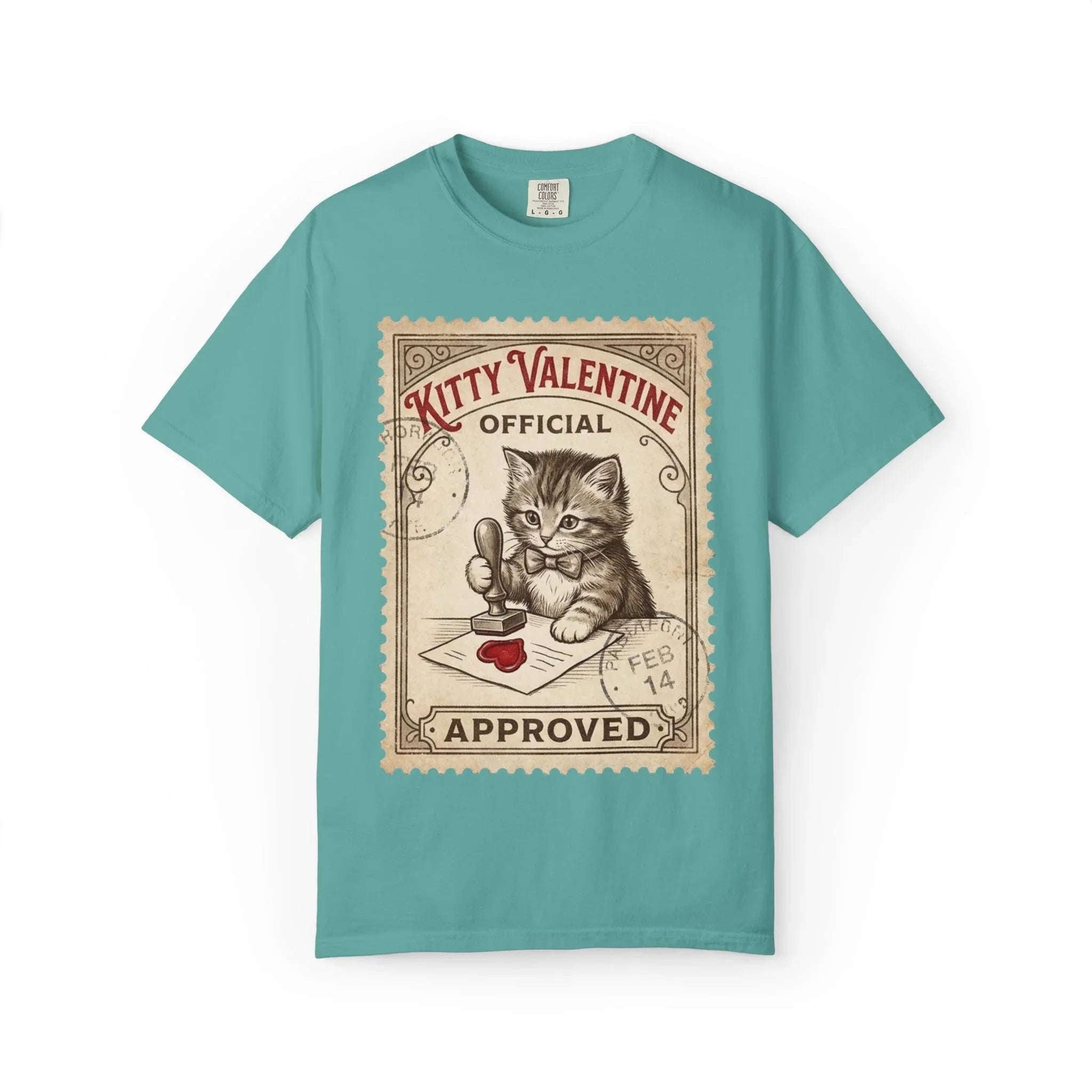 Kitty Valentine Official Approved T-Shirt | Vintage Kitten Stamp Graphic Tee | Retro Valentine Cat Lover Gift Shirt Seafoam