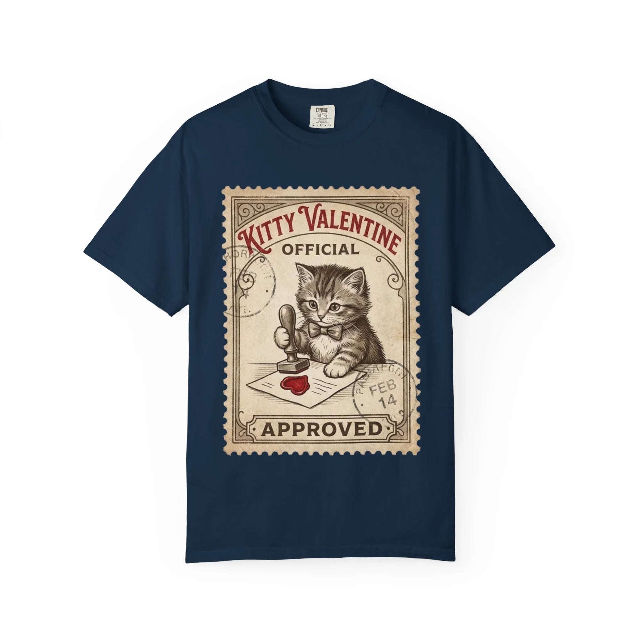 Kitty Valentine Official Approved T-Shirt | Vintage Kitten Stamp Graphic Tee | Retro Valentine Cat Lover Gift Shirt True Navy