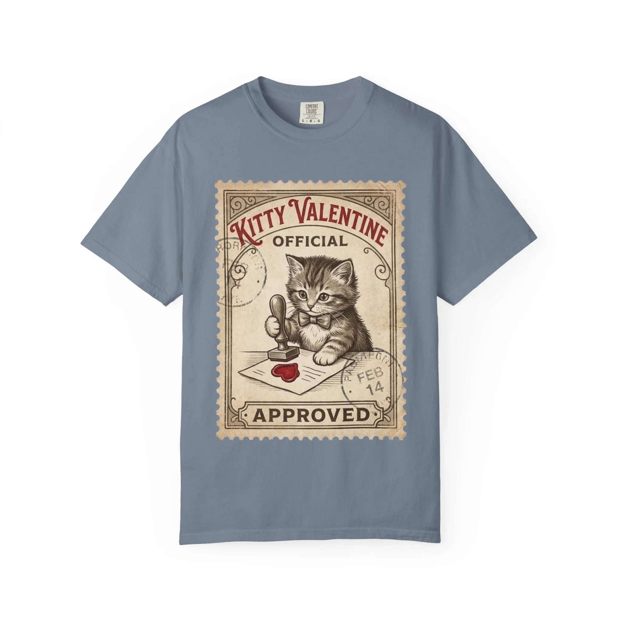 Kitty Valentine Official Approved T-Shirt | Vintage Kitten Stamp Graphic Tee | Retro Valentine Cat Lover Gift Shirt Blue Jean