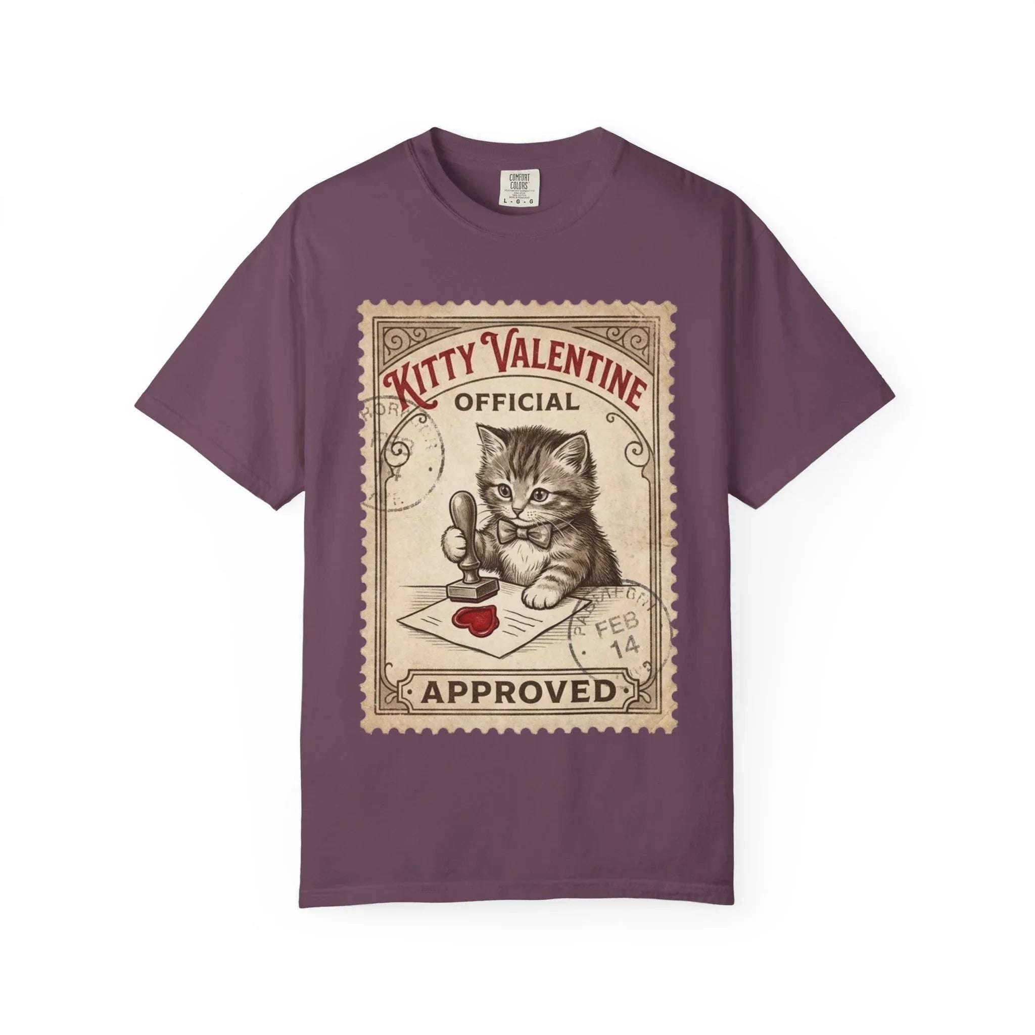 Kitty Valentine Official Approved T-Shirt | Vintage Kitten Stamp Graphic Tee | Retro Valentine Cat Lover Gift Shirt Berry M