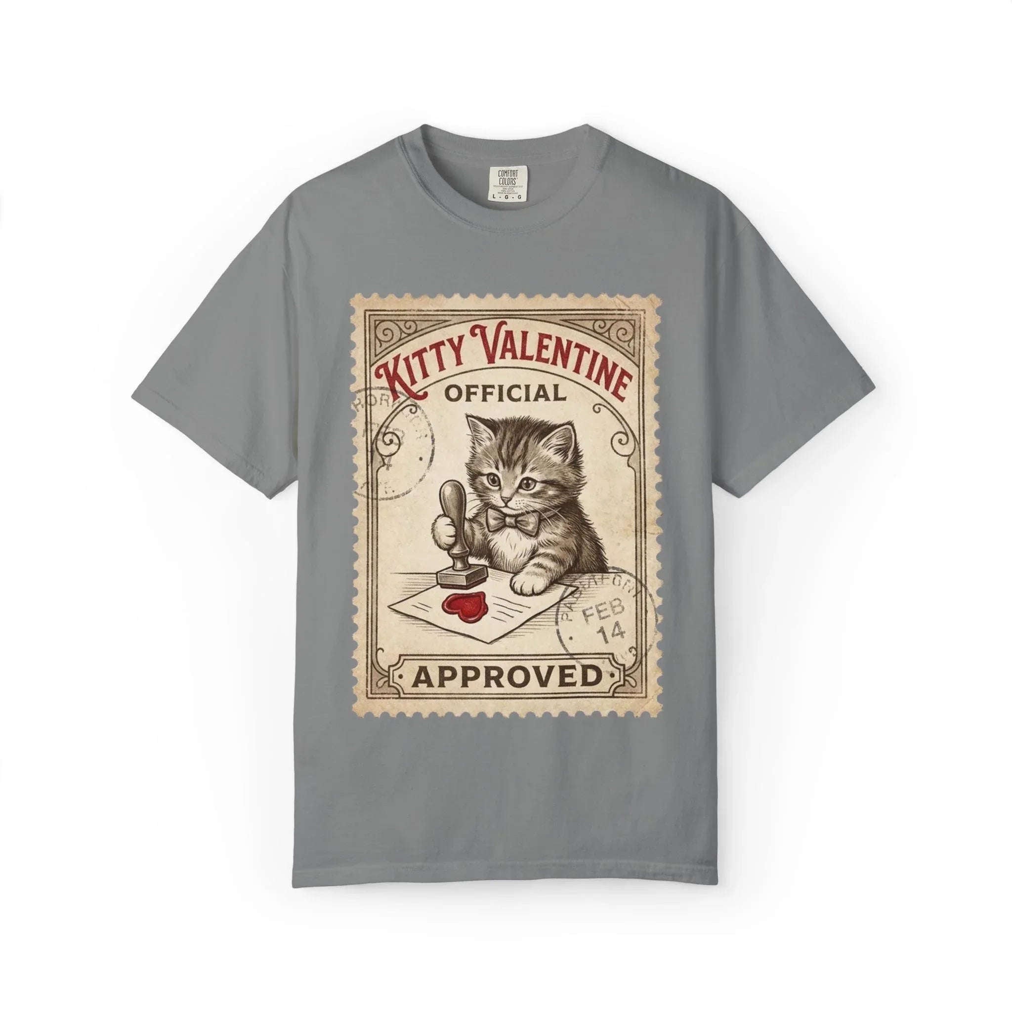 Kitty Valentine Official Approved T-Shirt | Vintage Kitten Stamp Graphic Tee | Retro Valentine Cat Lover Gift Shirt Grey