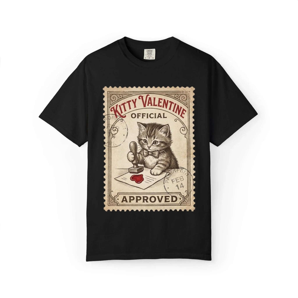 Kitty Valentine Official Approved T-Shirt | Vintage Kitten Stamp Graphic Tee | Retro Valentine Cat Lover Gift Shirt Black