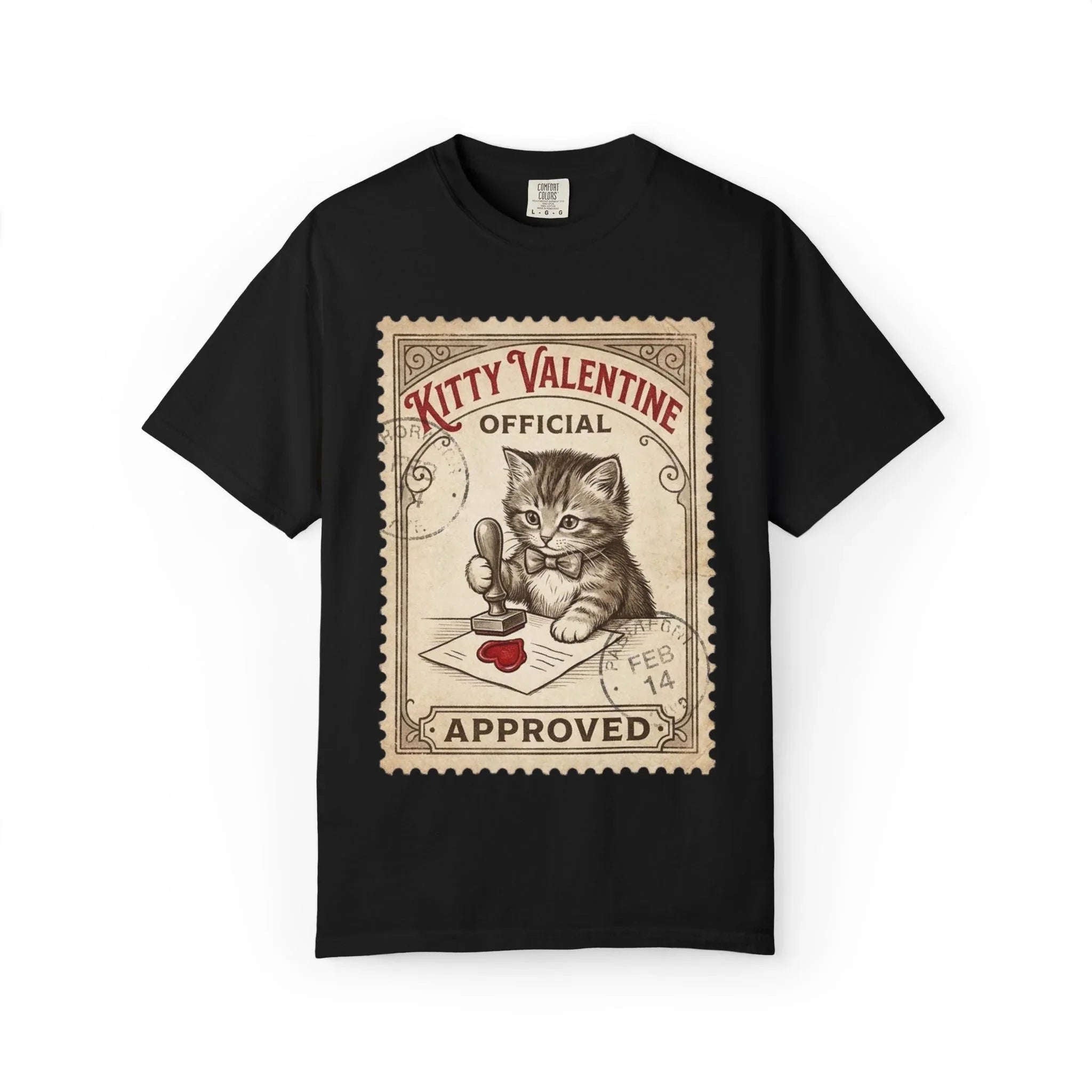 Kitty Valentine Official Approved T-Shirt | Vintage Kitten Stamp Graphic Tee | Retro Valentine Cat Lover Gift Shirt Black