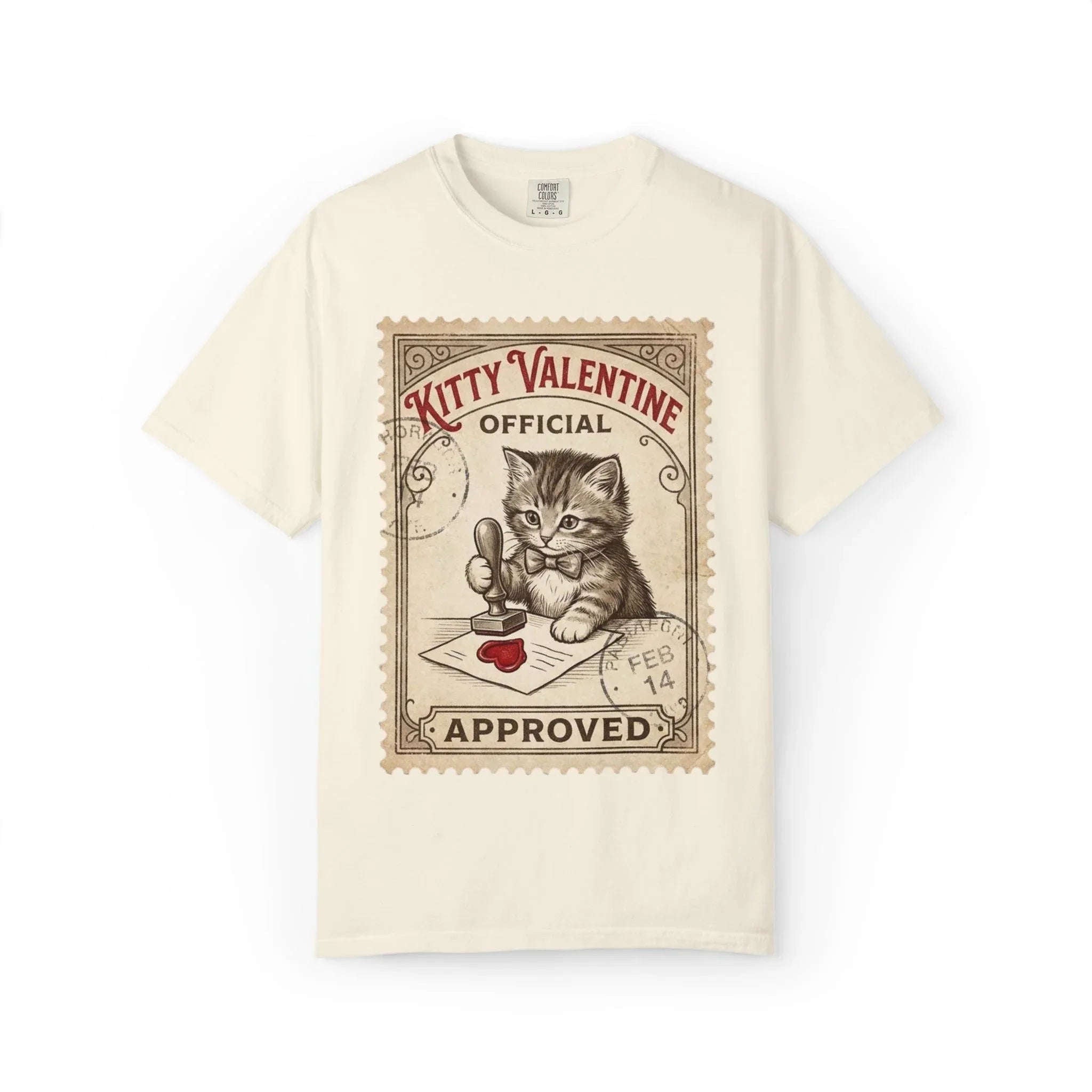 Kitty Valentine Official Approved T-Shirt | Vintage Kitten Stamp Graphic Tee | Retro Valentine Cat Lover Gift Shirt Ivory