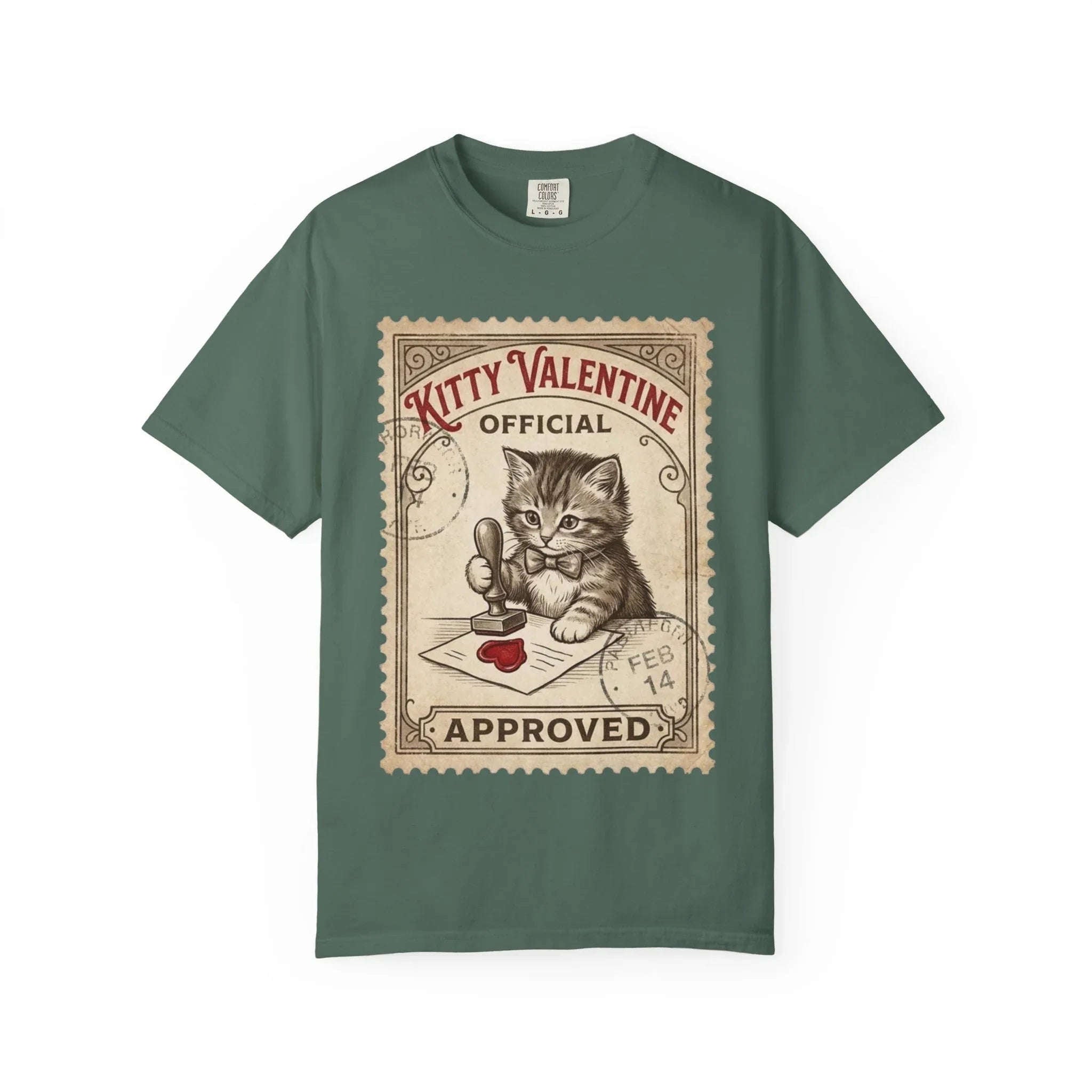 Kitty Valentine Official Approved T-Shirt | Vintage Kitten Stamp Graphic Tee | Retro Valentine Cat Lover Gift Shirt Blue Spruce