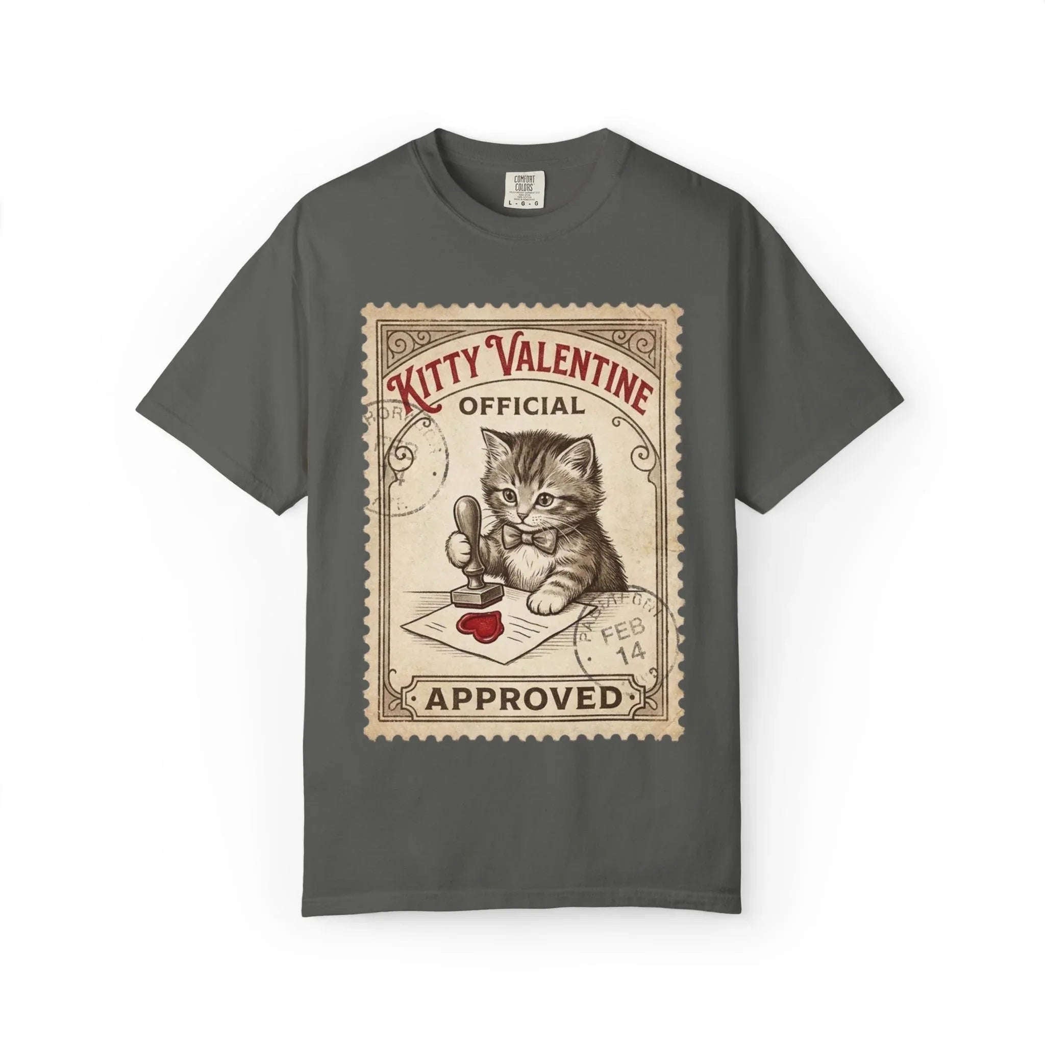 Kitty Valentine Official Approved T-Shirt | Vintage Kitten Stamp Graphic Tee | Retro Valentine Cat Lover Gift Shirt Pepper