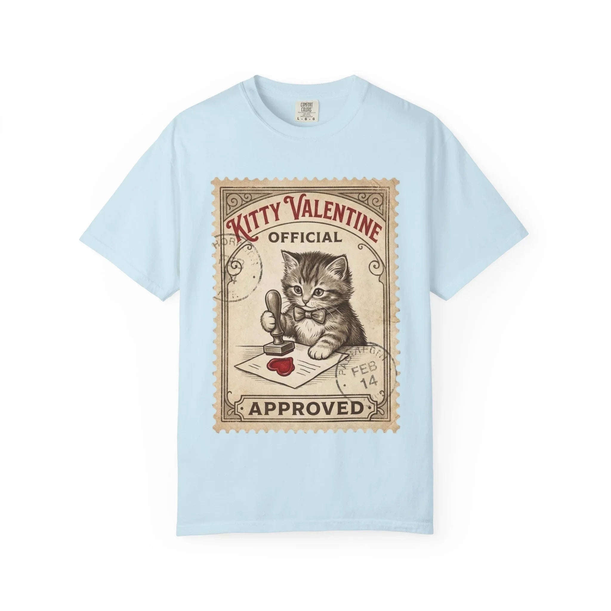 Kitty Valentine Official Approved T-Shirt | Vintage Kitten Stamp Graphic Tee | Retro Valentine Cat Lover Gift Shirt Chambray